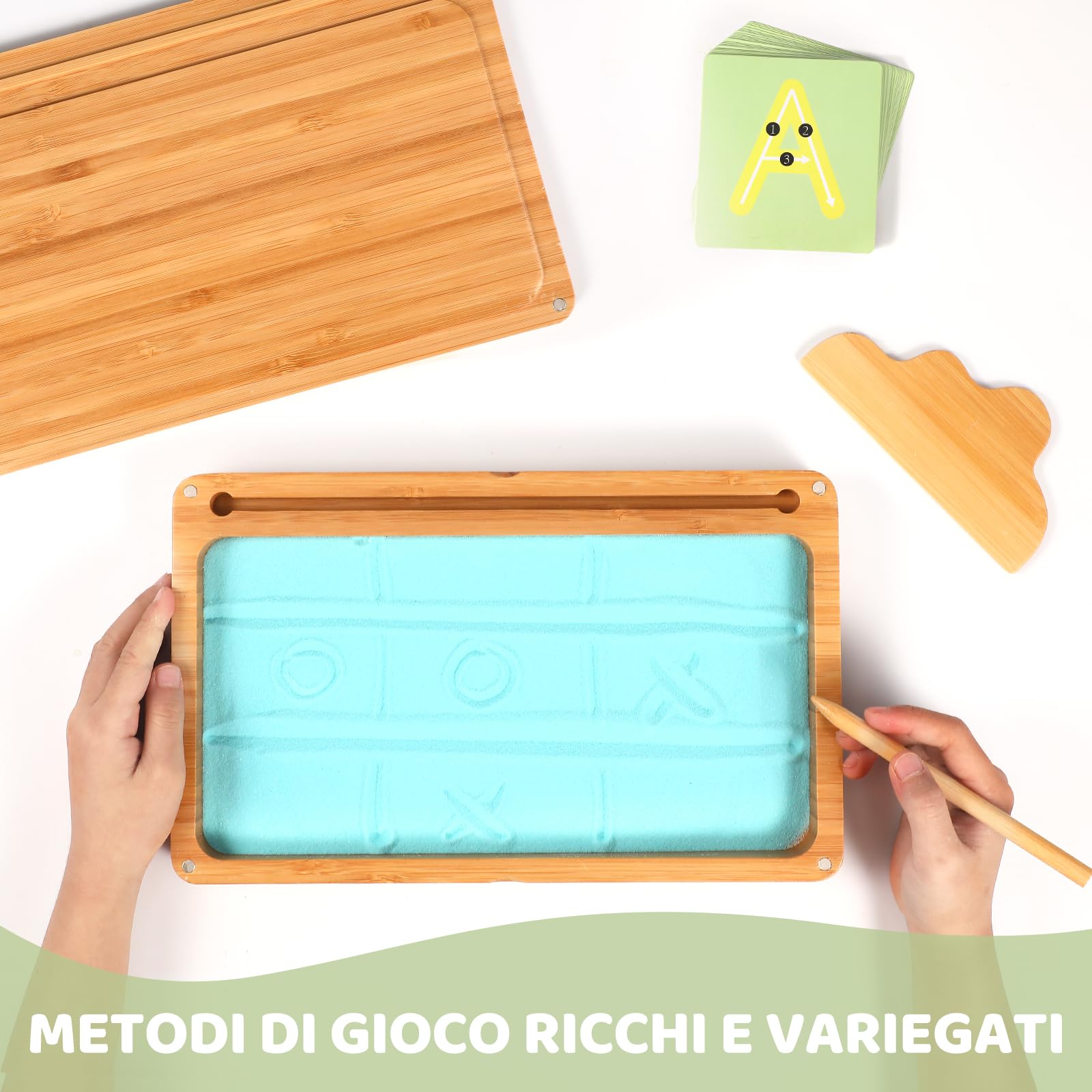 Montessori Tavolo di Sabbia per l'inizio dell'allenamento di scrittura e disegno Giocattolo in legno Montessori Tavolo di Sabbia educativo Giocattolo per lo sviluppo motorio precoce nei bambini (Blu)