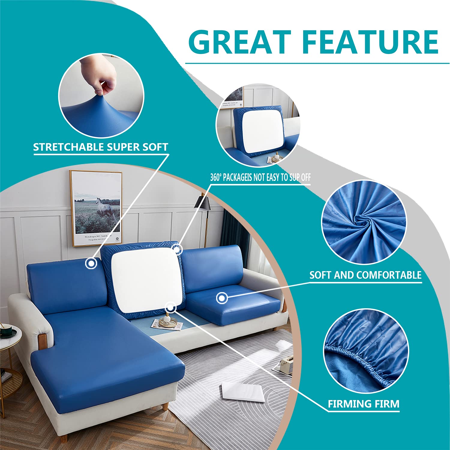 Housse de coussin en cuir synthétique imperméable et respirant pour siège de canapé - Bleu - L-3 places