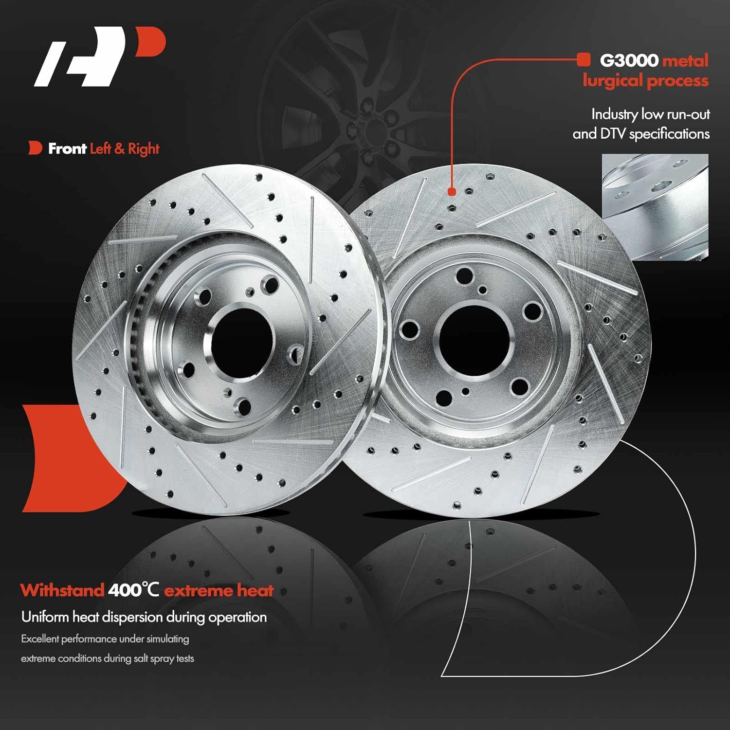 A-Premium 12.56 inch (319mm) Front Drilled and Slotted Disc Brake Rotors + Ceramic Pads Kit Compatible with Select Toyota Models - Highlander 2001 2002 2003 2004 2005 2006 2007, 6-PC Set