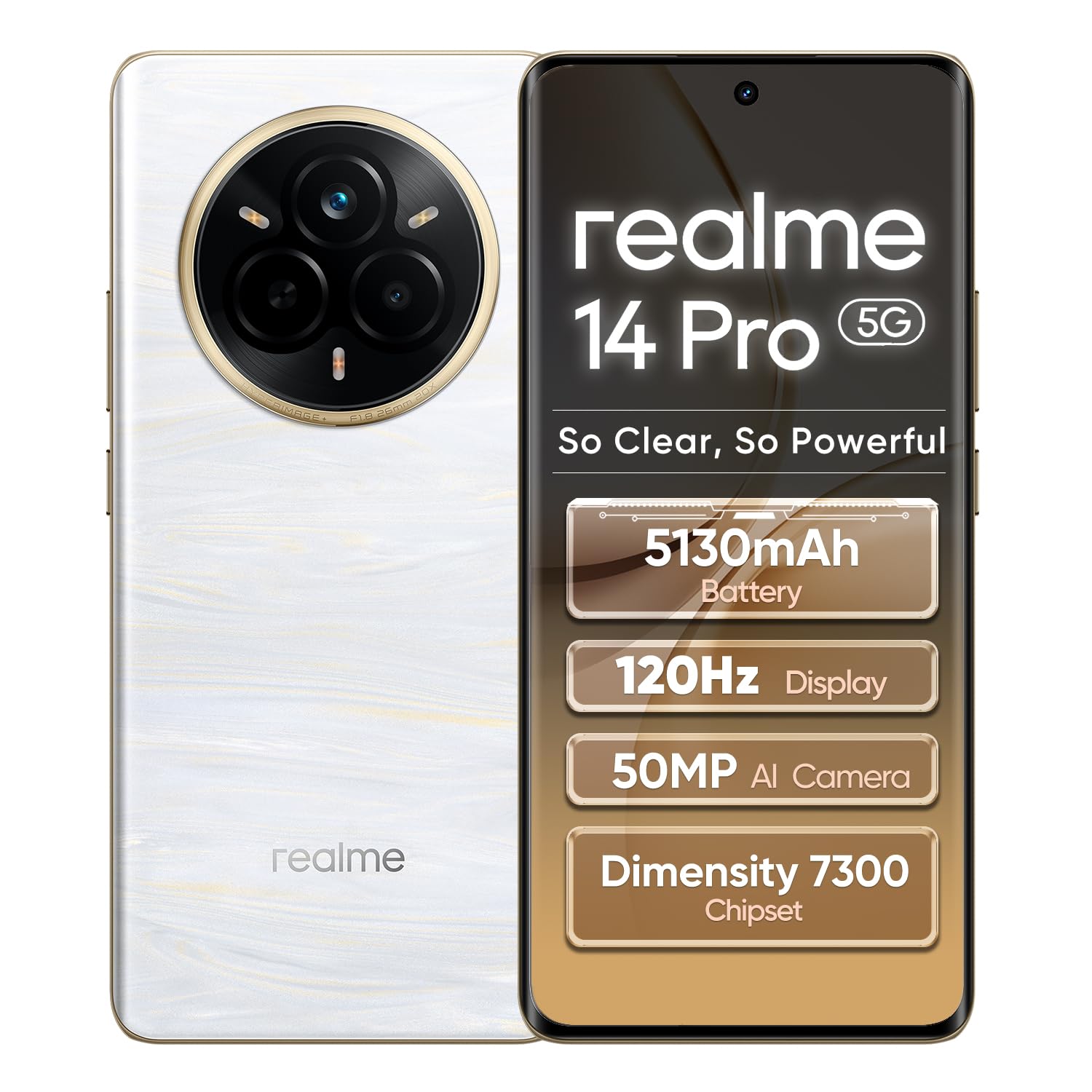 realme 14 Pro Smartphone 5G 12+512GB,Pearl White, 6.72 Pouces d'écran incurvé, 120Hz d'affichage, 45W SuperVOOC, 5130 mAh de Batterie, 50 MP de caméra, Dimensity 7300 Energy, IP69