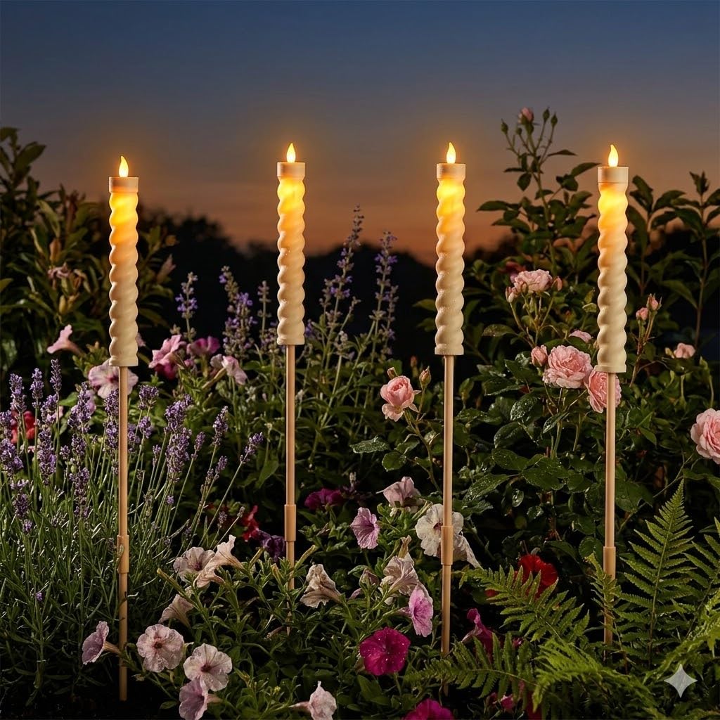 Bloomingtons Direct Cream 41" 4 Piece Tall Solar Candlestick Light Outdoor Solar Candles Outdoor Waterproof, Rechargeable Solar Powered Flameless Candle Lights For Outside Lanterns, Fake Spiral Taper Candles
