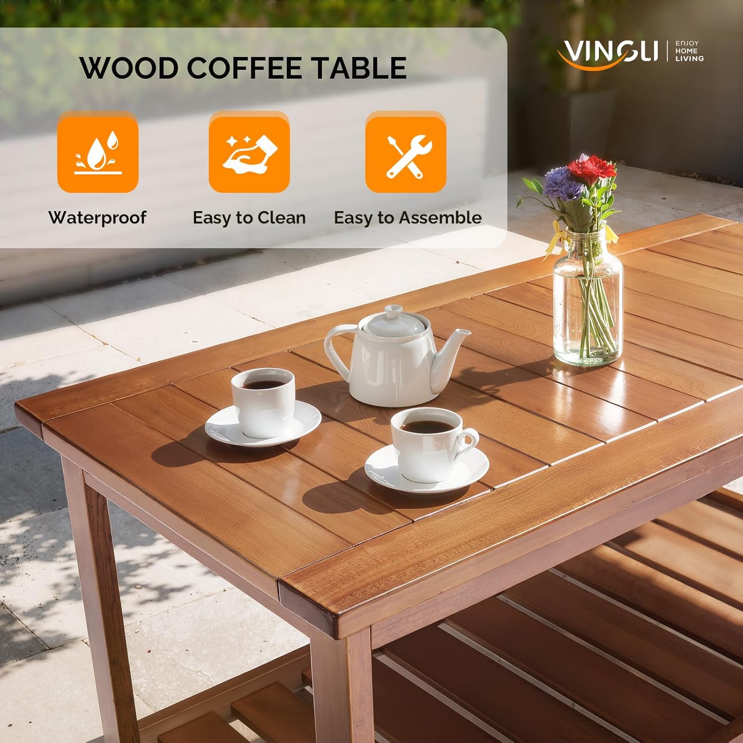 VINGLI Outdoor Wooden Coffee Table, 2-Tier Storage Rectangle Patio Coffee Table for Outside, Solid Wood Low Outdoor Table for Balcony Porch and Deck