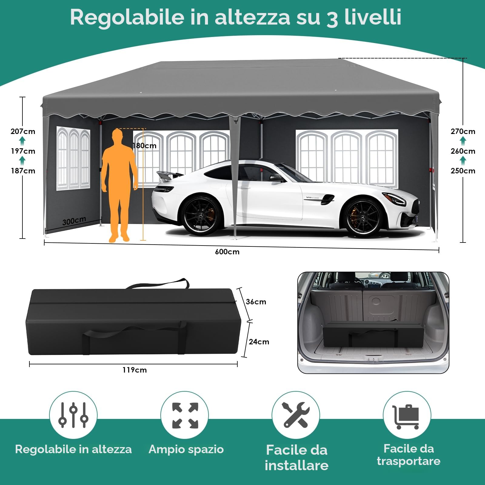 LIFERUN Gazebo 3x6 Pieghevole Impermeabile, Resistente 420D Oxford Ispessente, Tendone con 4 Pannelli Laterali, Protezione UV 50+, Gazebo da Giardino per Feste Campeggio Matrimonio, Grigio