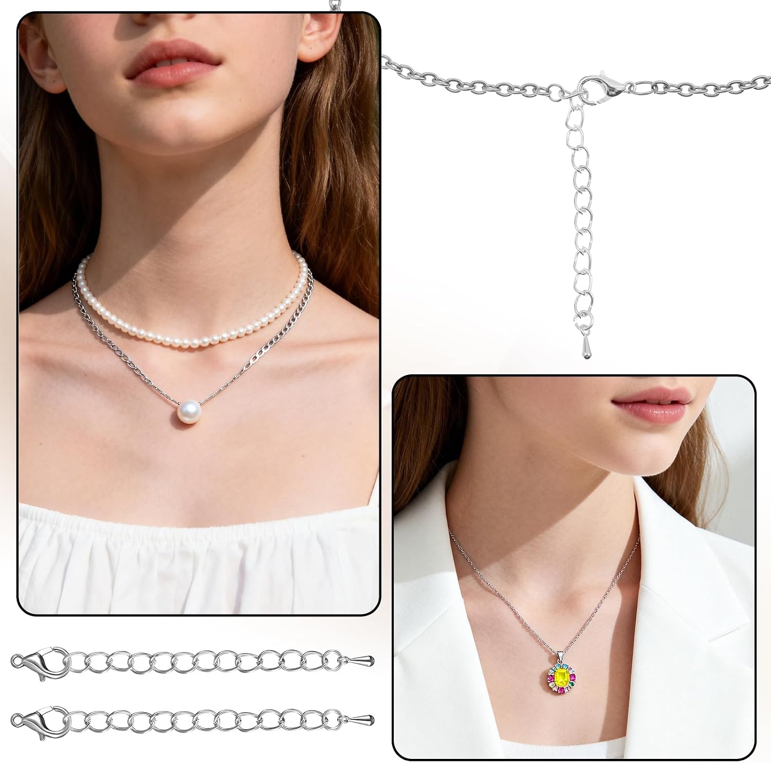 50 Pcs Necklace Bracelet Extender Silver Chain Extension Necklace Extenders Tail Extender Chain for Women Jewelry Making with Durable Lobster Claw