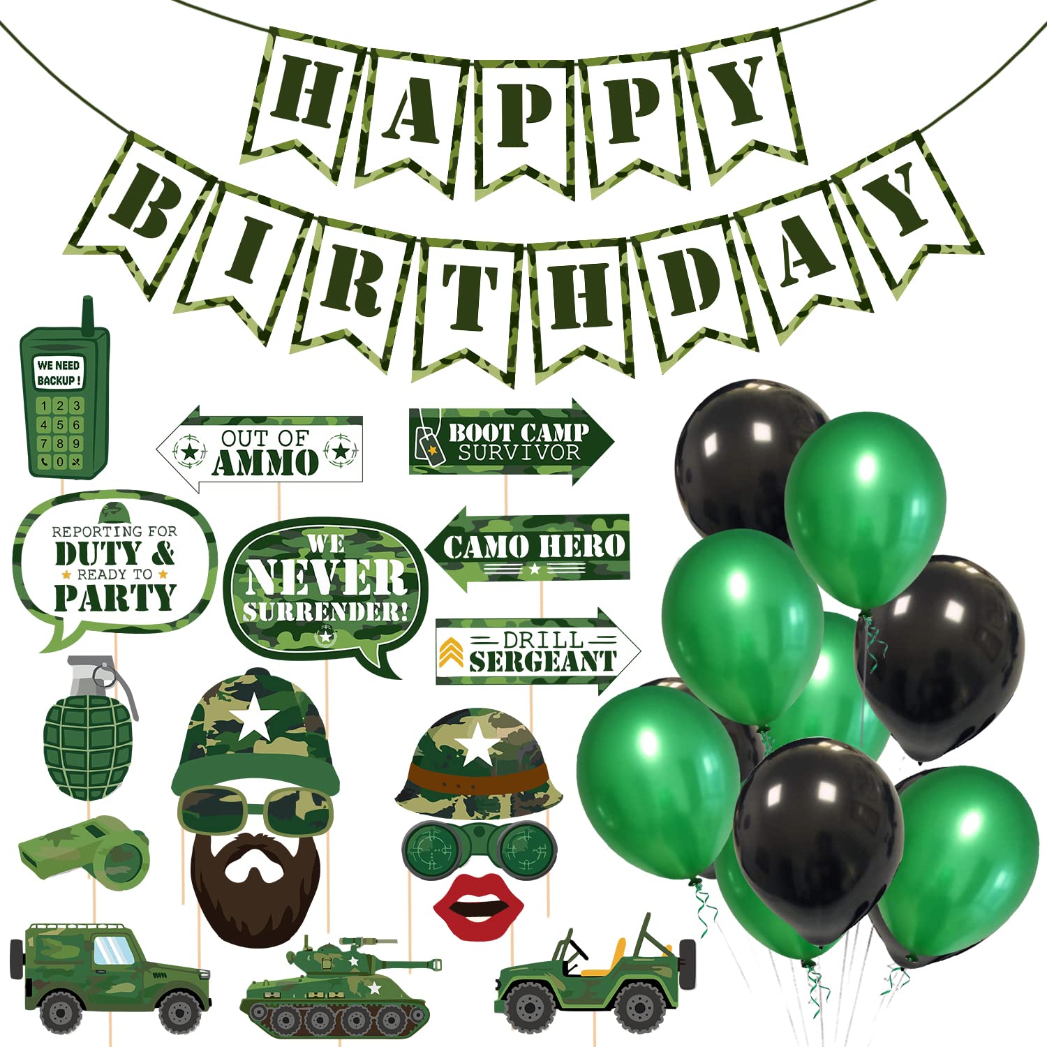 Zyozique 18 Pcs Army Photo Booth Props with 1 set Paper Banner and 20 pcs Balloons,Camouflage Theme Selfie Props,Fighting Birthday Party Supplies,Military Photography Backdrop Decorations