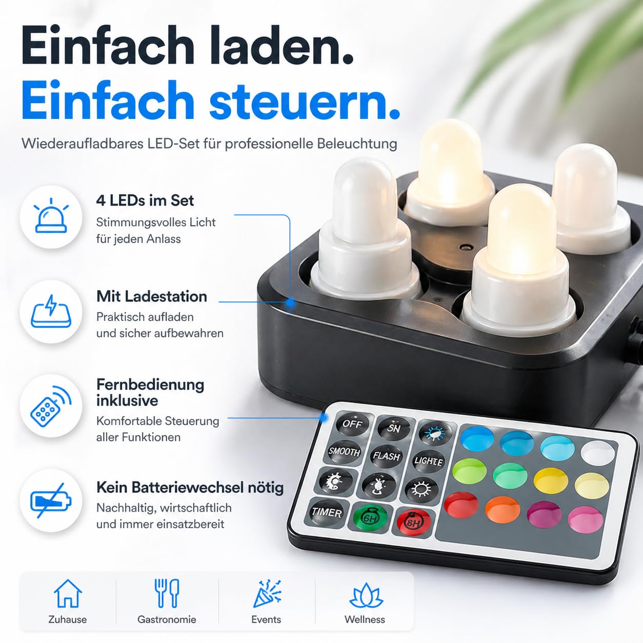 ReWu Duni LED-Set - 4 Stück - Warmweiß & Multicolour Mehrfarbig Wiederaufladbar Inklusive Ladestation & Fernbedienung Tischleuchten LED-Kerzen Alternative Teelichter