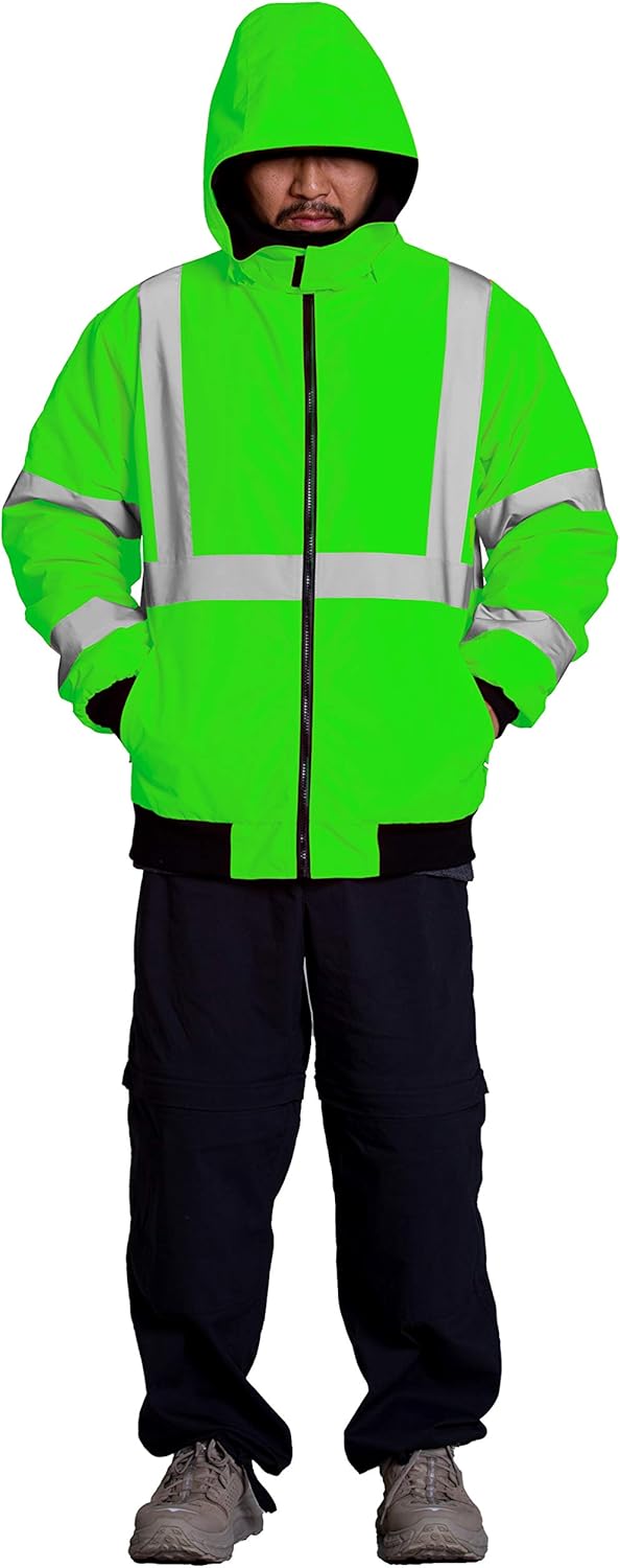 Weekly Top Sale Fitscloth Men’s High Visibility Jacket – Reflective Safety Work Hoodie Full Zip Up Fleece Insulated Detachable Hood Bomber S101_36 Green M