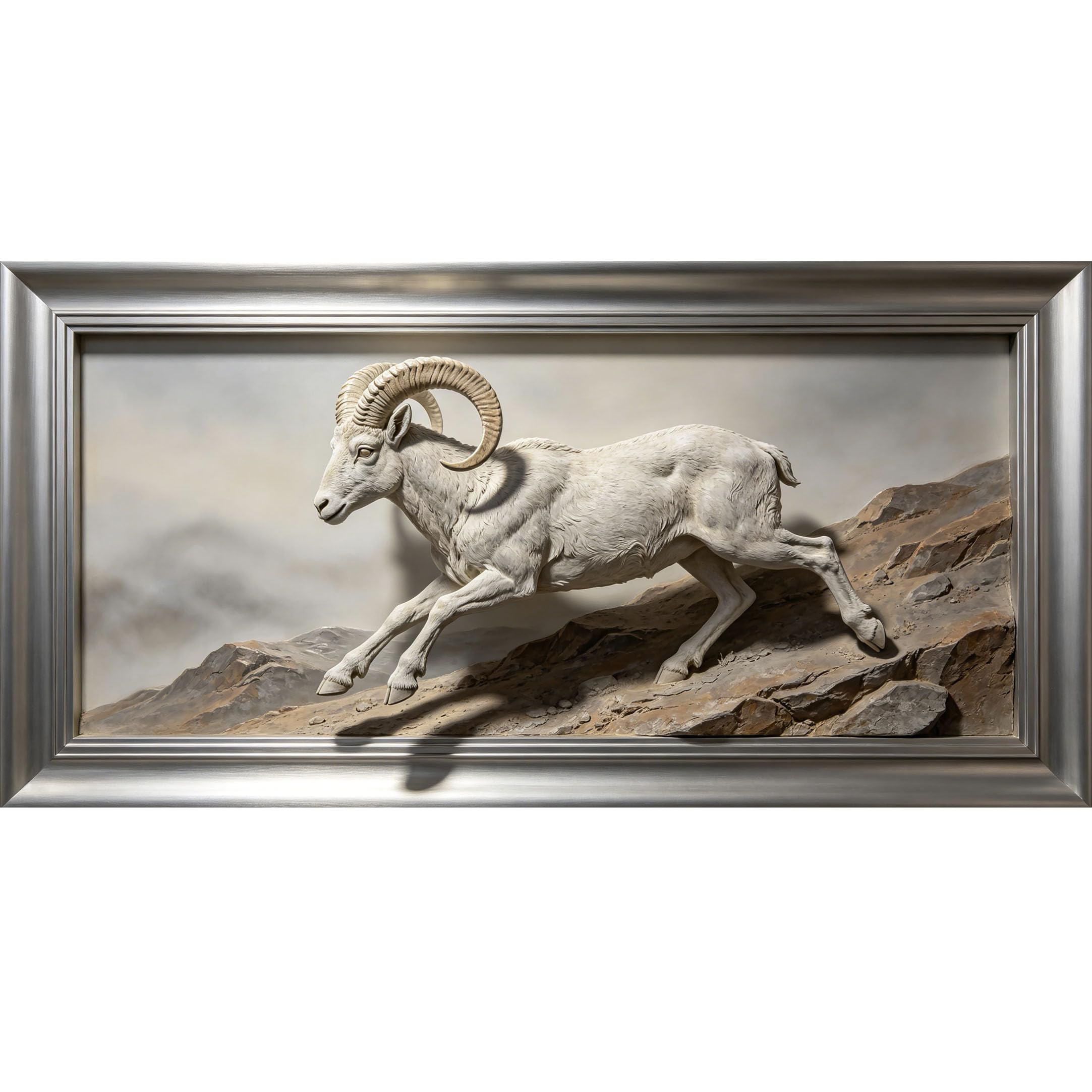 Agglomerix 3D Framed Wall Art Mountain Ram Wildlife Relief Rustic Western Rock Canyon Animal Large Size Self-Adhesive Removable Wall Decor Prints Artwork for Living Room Bedroom Office