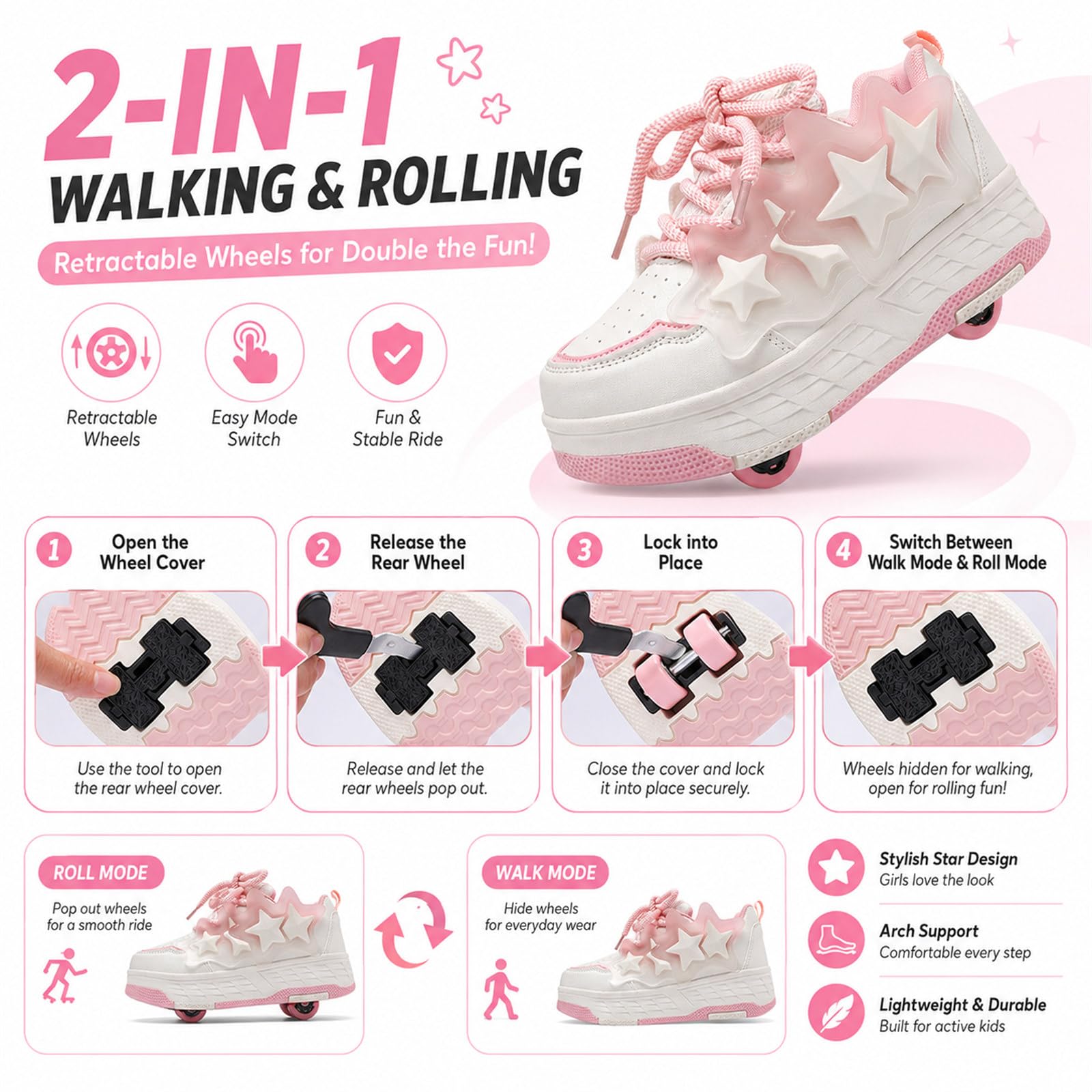 Mateju Sneakers con Rotelle Bambina 4 Rotelle, 2 in 1 Pattini Rimovibili Retrattili Skateboard, Bambino Scarpe Sportive per Adolescenti, Talla 30-40 EU Regalo di Compleanno