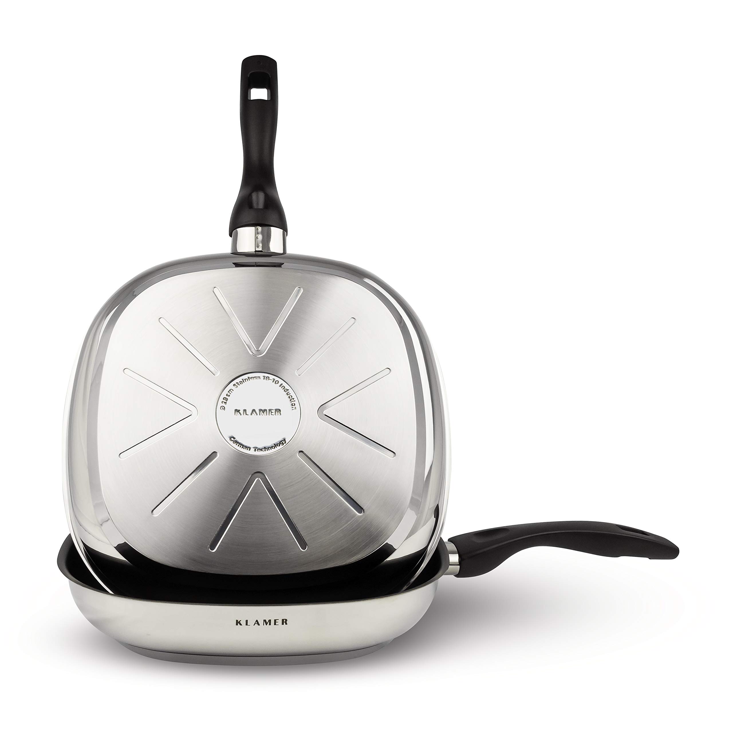 KLAMER Grillpfanne 28 cm Induktion Schmorpfanne Steakpfanne aus Edelstahl | Greblon C3+ Beschichtung mit hoher Antihaftwirkung, Aluminiumkern für optimale Wärmeverteilung und Schüttrand, PFOA-frei