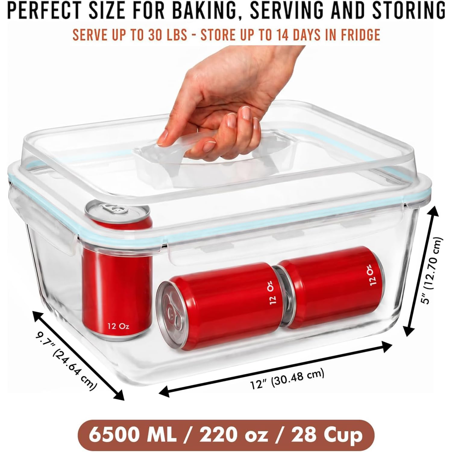 Recipiente grande de vidrio para almacenamiento de alimentos con tapa hermética, ideal para almacenar alimentos, verduras, frutas, cazuela para hornear, lasaña, pavo asado, pollo, sin BPA, apto para