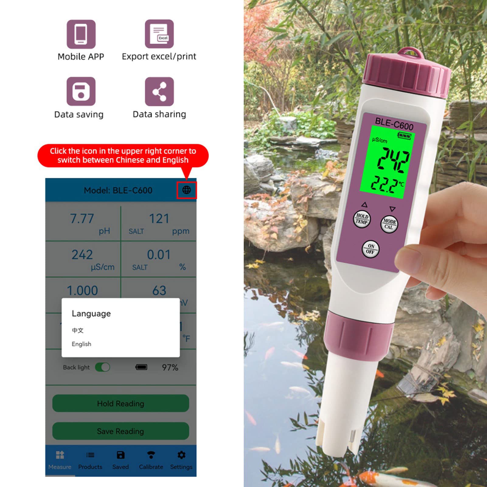 Misuratore Digitale BLE C600 e Kit per il Test 'acqua, Penna per il Test a qualità 'acqua, Tester PH Bluetooth Intelligente con ATC, Misuratore di Temperatura a