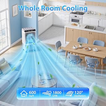 Evaporative Air Cooler with 4 Ice Box, 1800 CFM Removable Air Cooler with Large 5.3 Gallon Water Tank, 120 Oscillation, Remote Control, 12H Timer, Cooling Fan with 3 Speeds for Bedroom Home