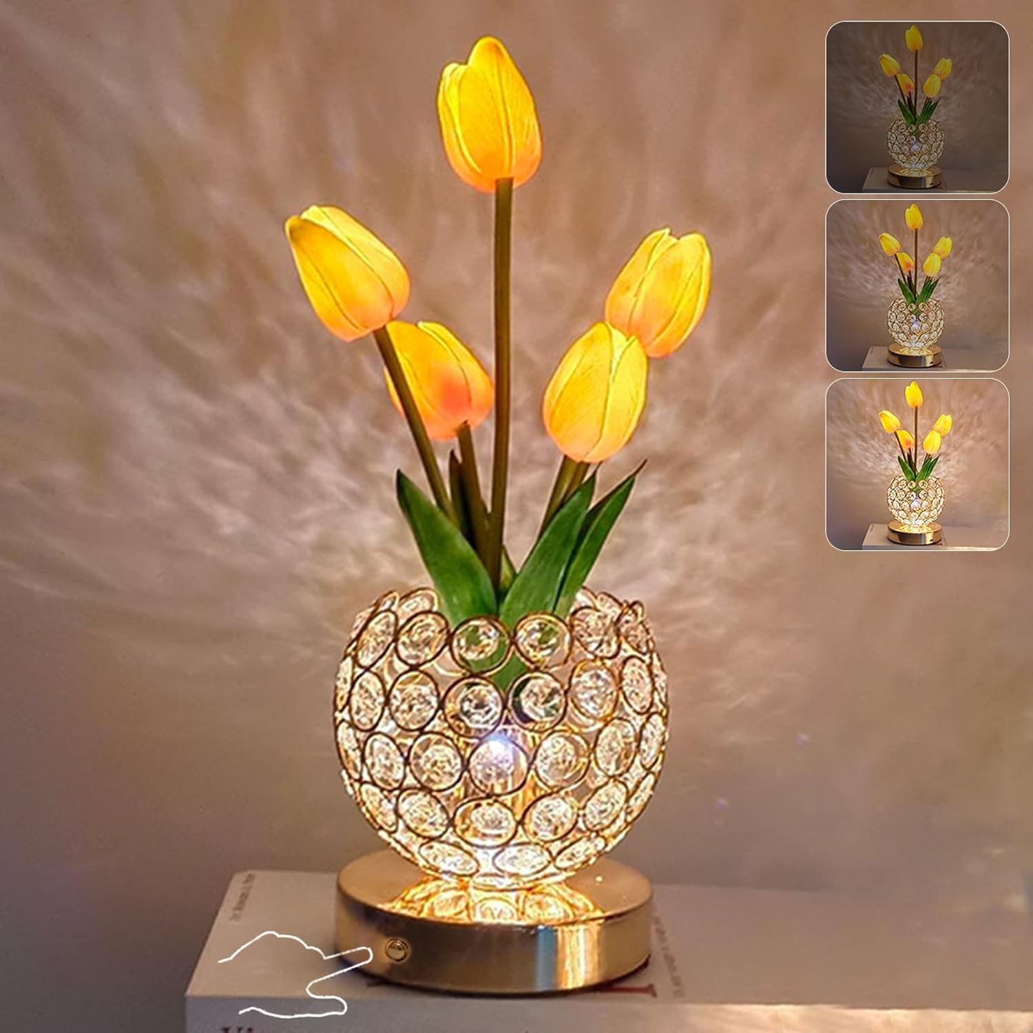 Tulip Flower Lamps, 3 Colors Touch Stepless Dimming Crystal Night Light, Rechargeable Artificial Flower Light, LED Flower with Vase Lamp Romantic Decor for Date Party Home (Tulip2-Pink)