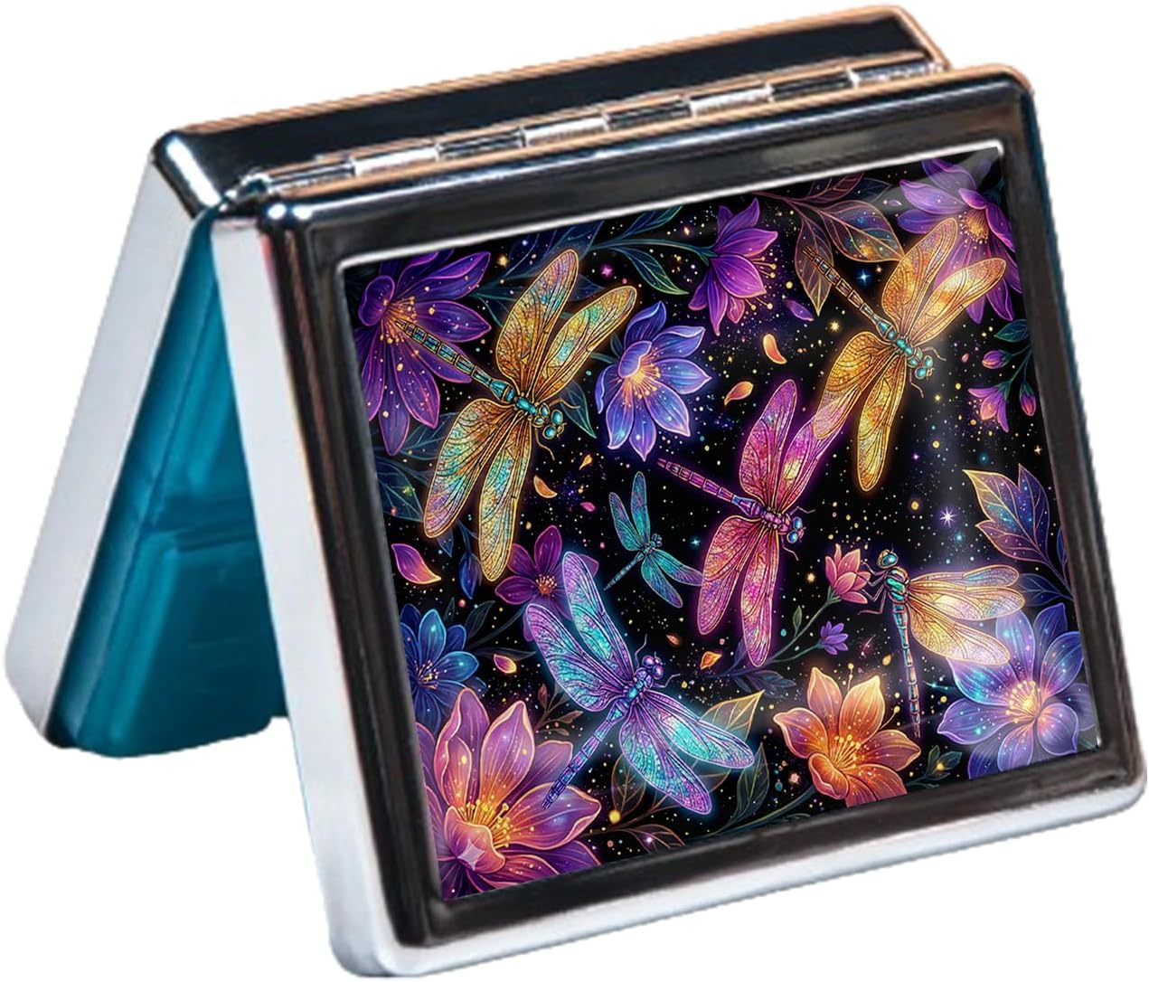 Metal 7 Day Pill Organizer, Cute Small Weekly Pill Case with 8 Compartments for Travel, Moisture-Proof Medicine Holder for Purse, Compact Daily Vitamin Box (Glow Dragonflies)