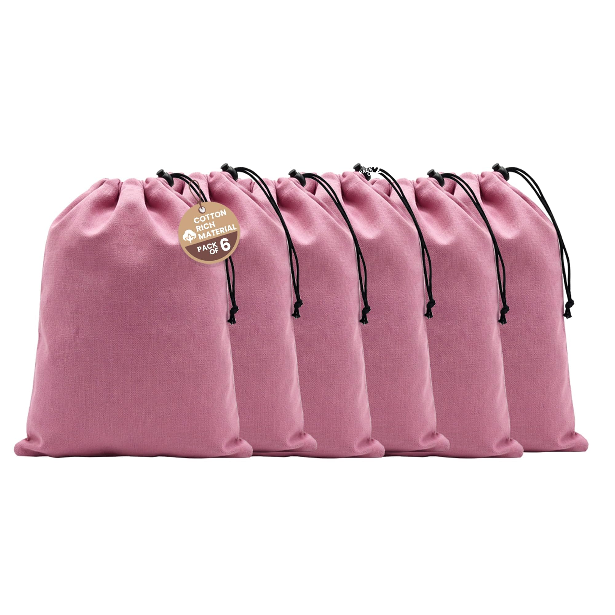 LFH Cotton Rich Shoe Storage Bags with Drawstring, Dustproof Breathable Reusable Organizer, Perfect For Travel, Dorm, Hotel, College, Gym, Machine Washable 8"x17" (Pack of 6) - Pink