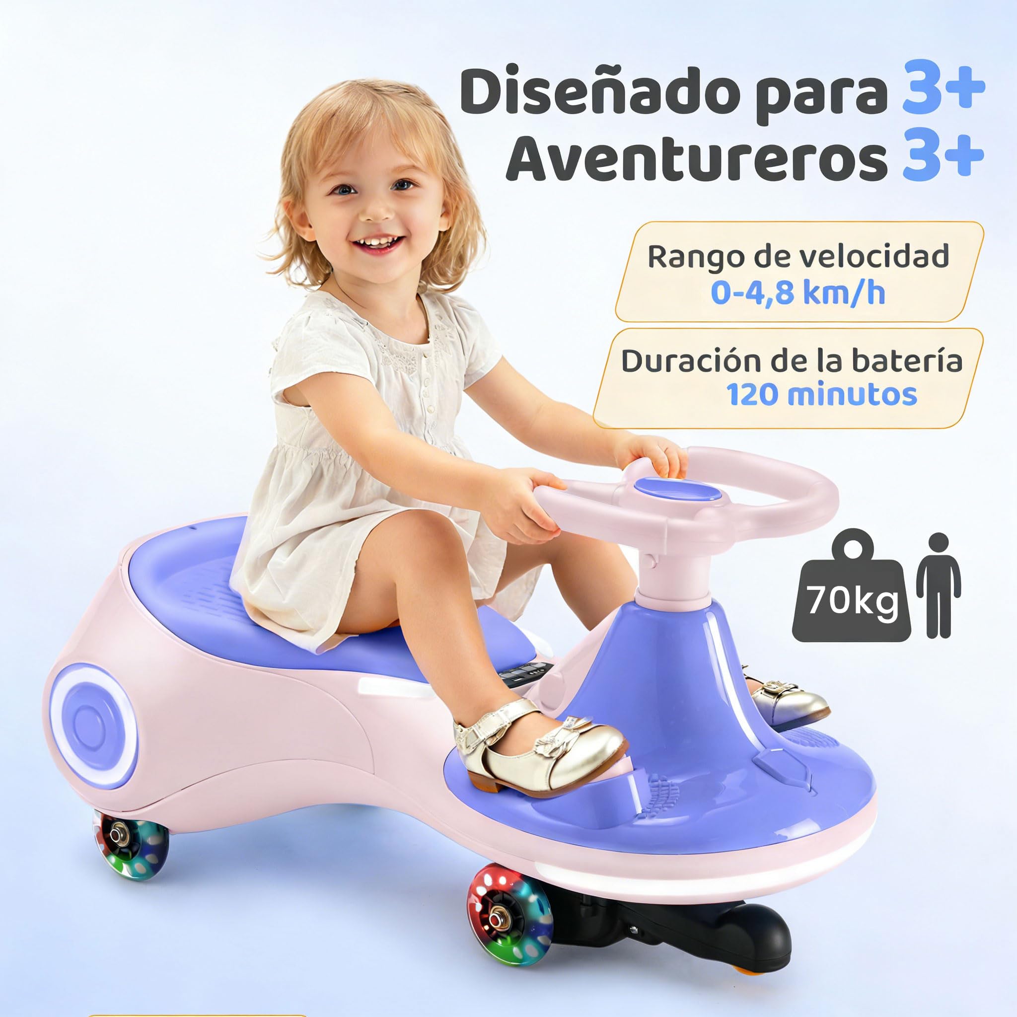 Coche eléctrico Infantil 12V, Juguete montable 3 en 1 con Pedal, batería Recargable, 3 Modos, antivuelco, Ruedas Luminosas, música, Edades 3-8 años, 30-70 kg, Rosa Morado