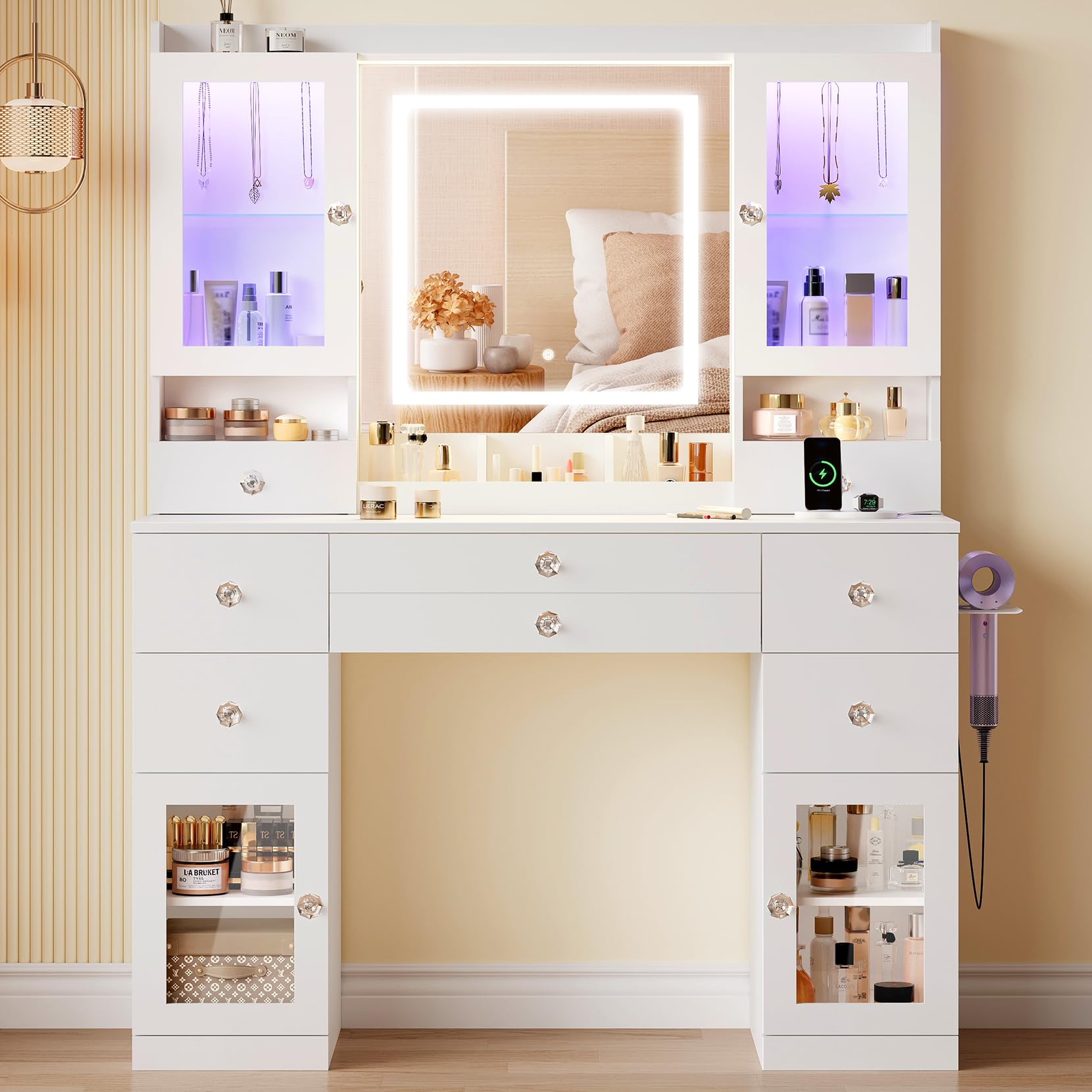 Dripex Schminktisch mit 10 LED-Lichtkugeln und Steckdosen, Schminktisch mit Spiegel und 2 luxuriösen transparenten Vitrinen mit RGB, Vanity Desk Dressing Table fürs Schlafzimmer, weiß