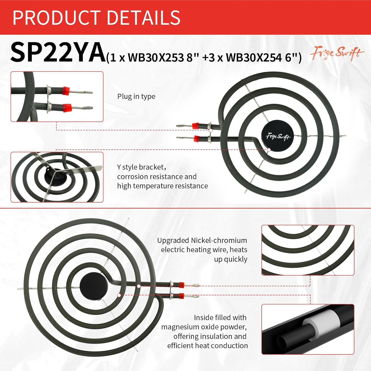 SP22YA Electric Range Burner Surface Element Replacement - Compatible with GE Hotpoint Kenmore Ranges/Stoves - 4 Pack, Includes 1 WB30X253 8-Inch & 3 WB30X254 6-Inch Burners
