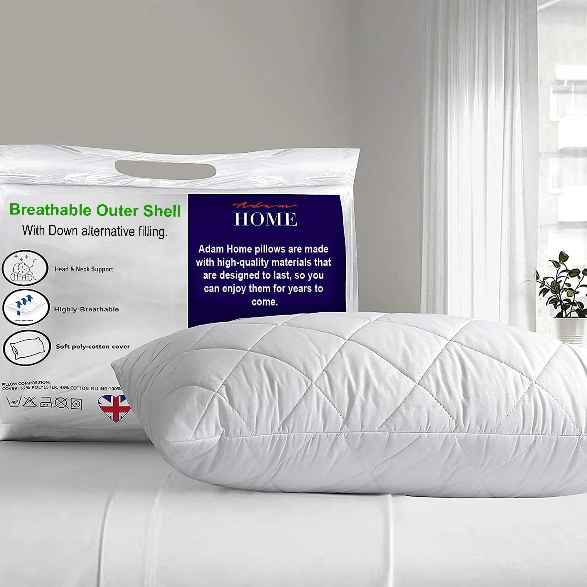 Adam Home Pillow 1 Pack Hotel Quality with Quilted Cover- Premium Filled Pillows for Stomach, Back and Side Sleeper Pillow, Down Alternative Bed Pillow-Soft Hollow-Fiber Hotel Pillow