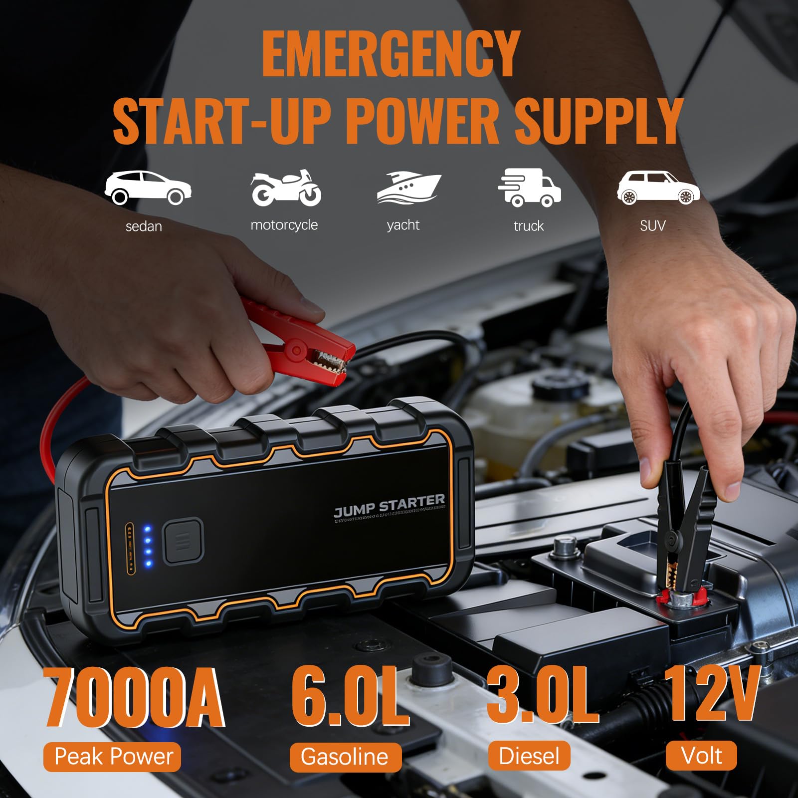 Arrancador De Baterias De Coche, 7000 A, 12 V Booster con Carga Rápida USB Y Linterna LED De Emergencia, Arrancador De Coches para Motor 6.0 L Gasolina O 3.0 L Diesel con Pinzas Bateria Coche