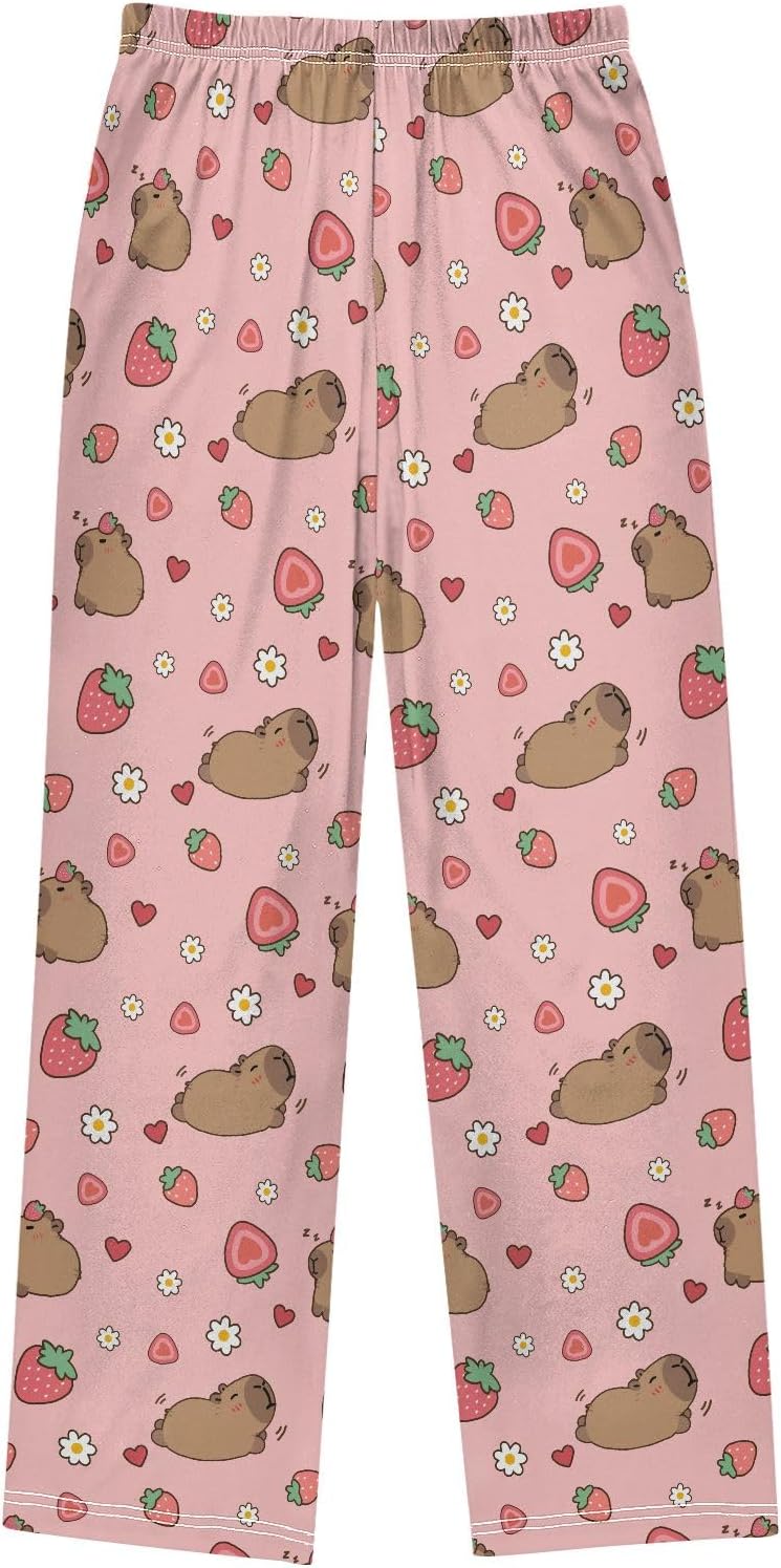 Capybara with Cute Strawberry Pajama Pants Cute Lounge Sleep Pants Pajama Bottoms Elastic Waist with Pockets, Size L
