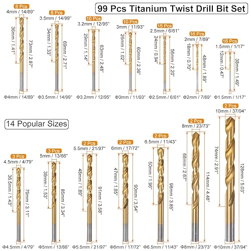 Miniatura 2 de uxcell Juego de 99 brocas helicoidales de acero, 14 tamaños de 117 a 3794 pulgadas de diámetro de perforación con estuche de almacenamiento para