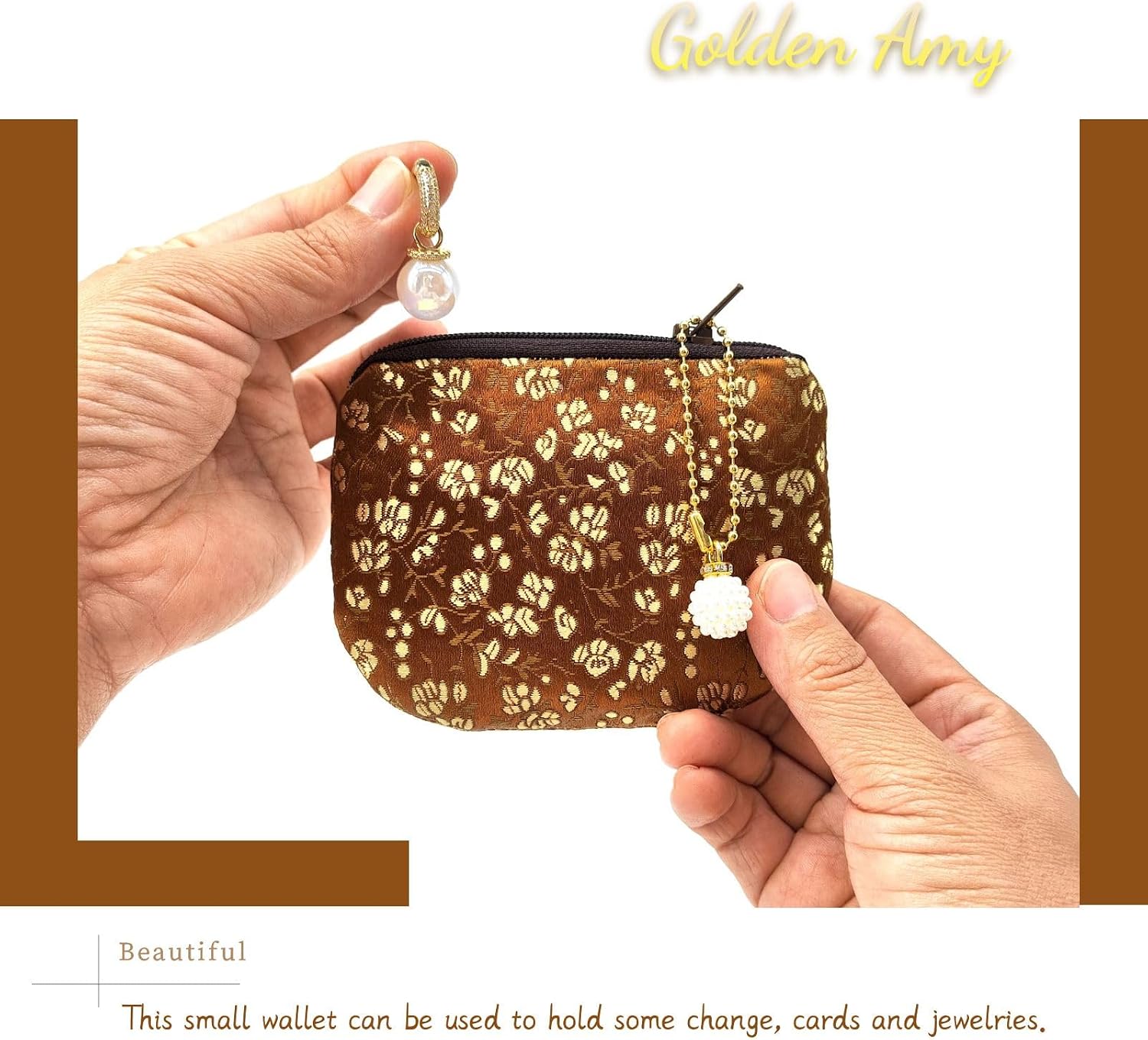 Handmade Women Coin Purse Rosary Pouch Silk Jewelry Bag Brocade Zipper Wallet - Brown