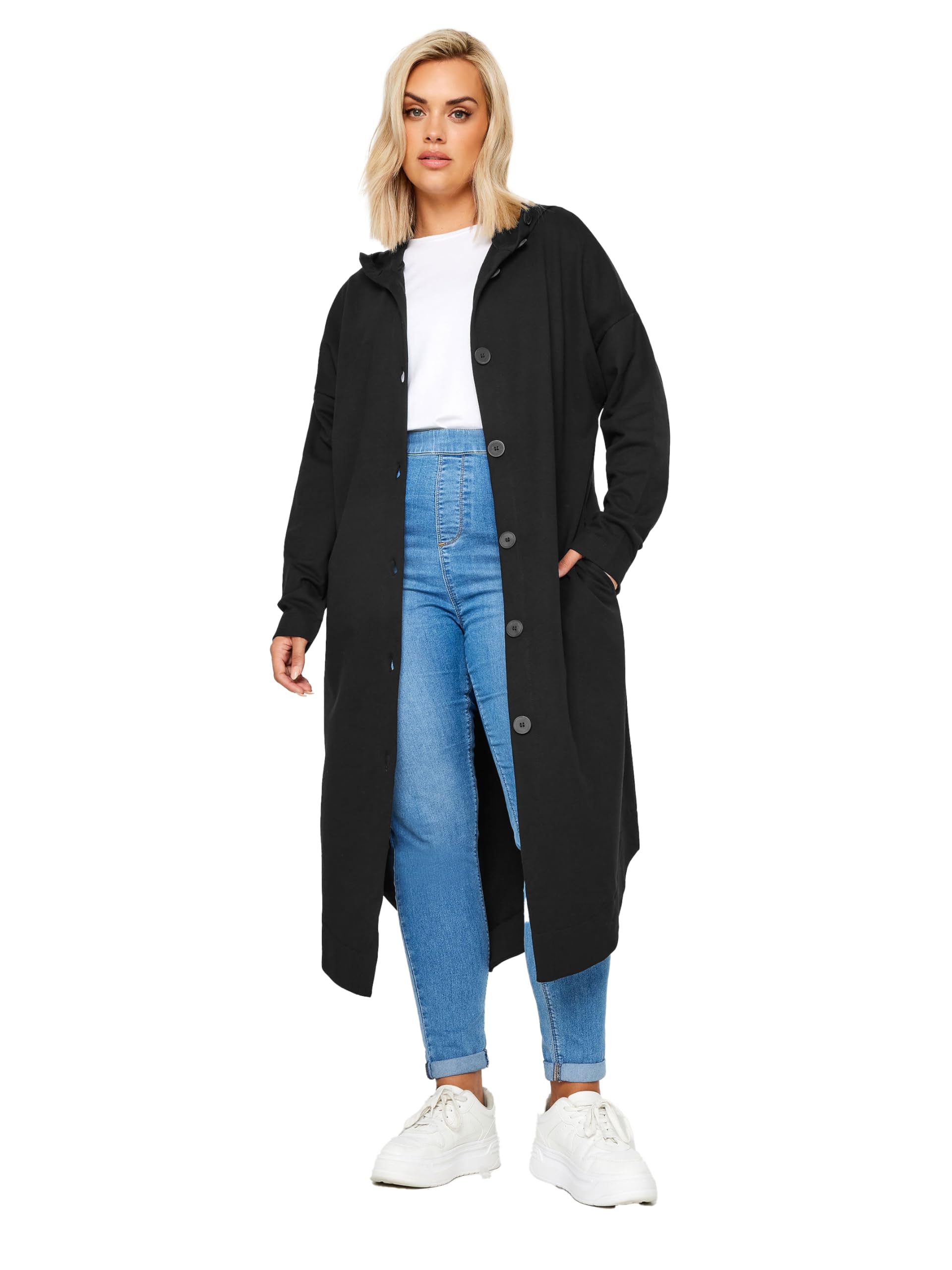 Yours Women's Black Buttoned Through Hooded Maxi Jacket In | : 22/24