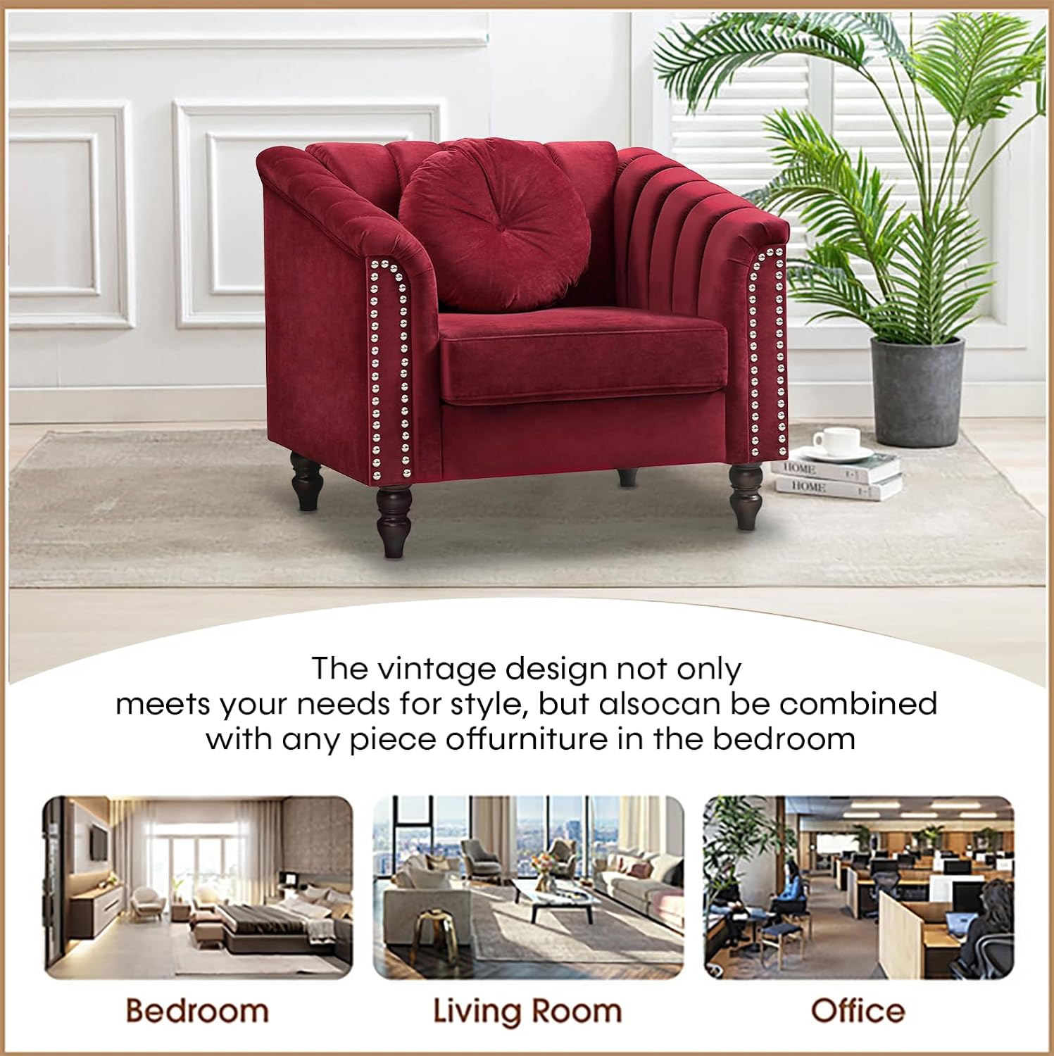 Velvet Sofa Sets Couch Sets for Living Room 62'' Comfy Seat, Modern Chair with Rivets Perfect for Living Room/Apaetment/Bedroom(Red, Chair 1-Piece)
