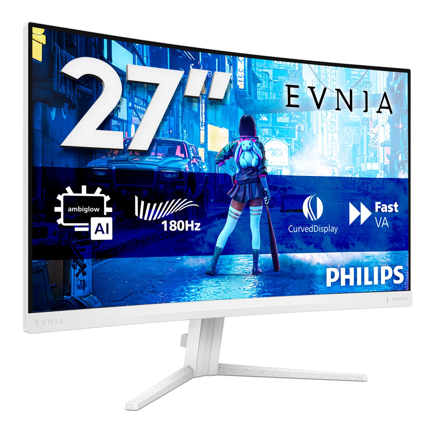 Philips Evnia 27M2C5201L - 27 Zoll Full HD Curved Gaming Monitor, 180 Hz, 1 ms, FreeSync Premium, HDR10, Ambiglow (1920x1080, 2X HDMI 2.0, 1x DisplayPort 1.4) Weiss