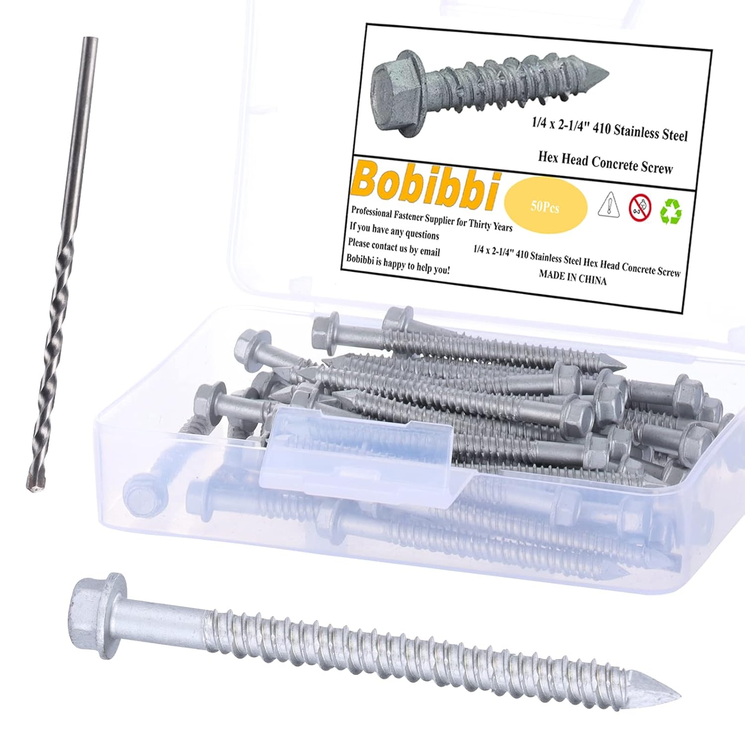 Bobibbi 1/4 x 21/4" 410 Stainless Steel Hex Head Tapcon Concrete Screw
