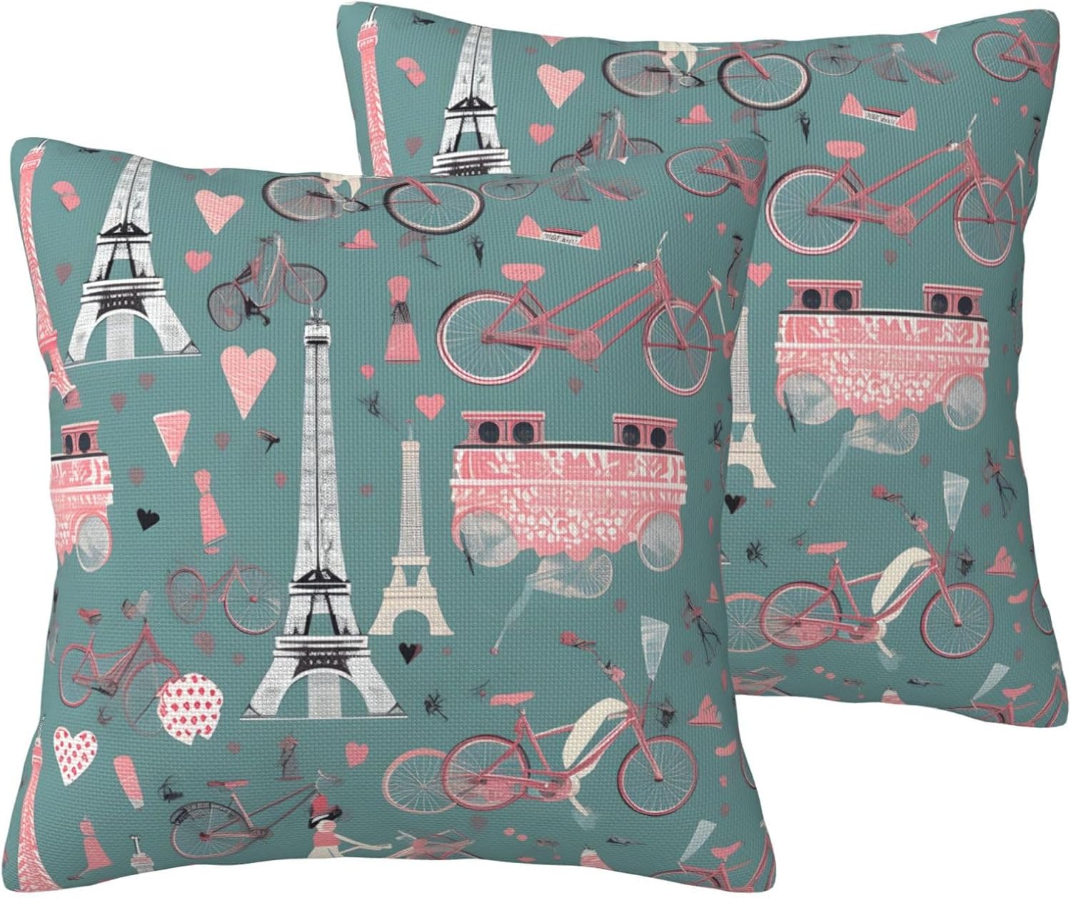 Romantic Paris Eiffel Tower Bycicle Imitation Linen Pillowcase -2 Sets, Fashionable Home Decoration, Used for Sofas, Gardens, beds