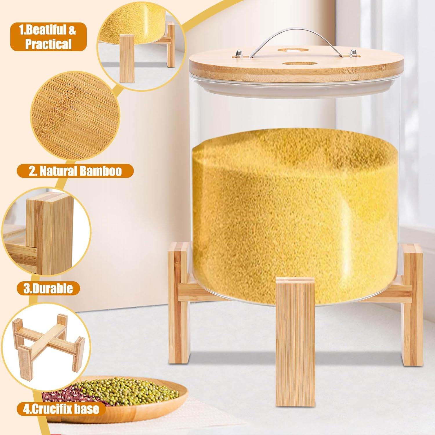 Rice Dispenser Glass, Rice Storage Container, Flour and Cereal Container with Airtight Lid and Stand, Glass Food Storge Container for Kitchen Organization and Pantry Store (8L)