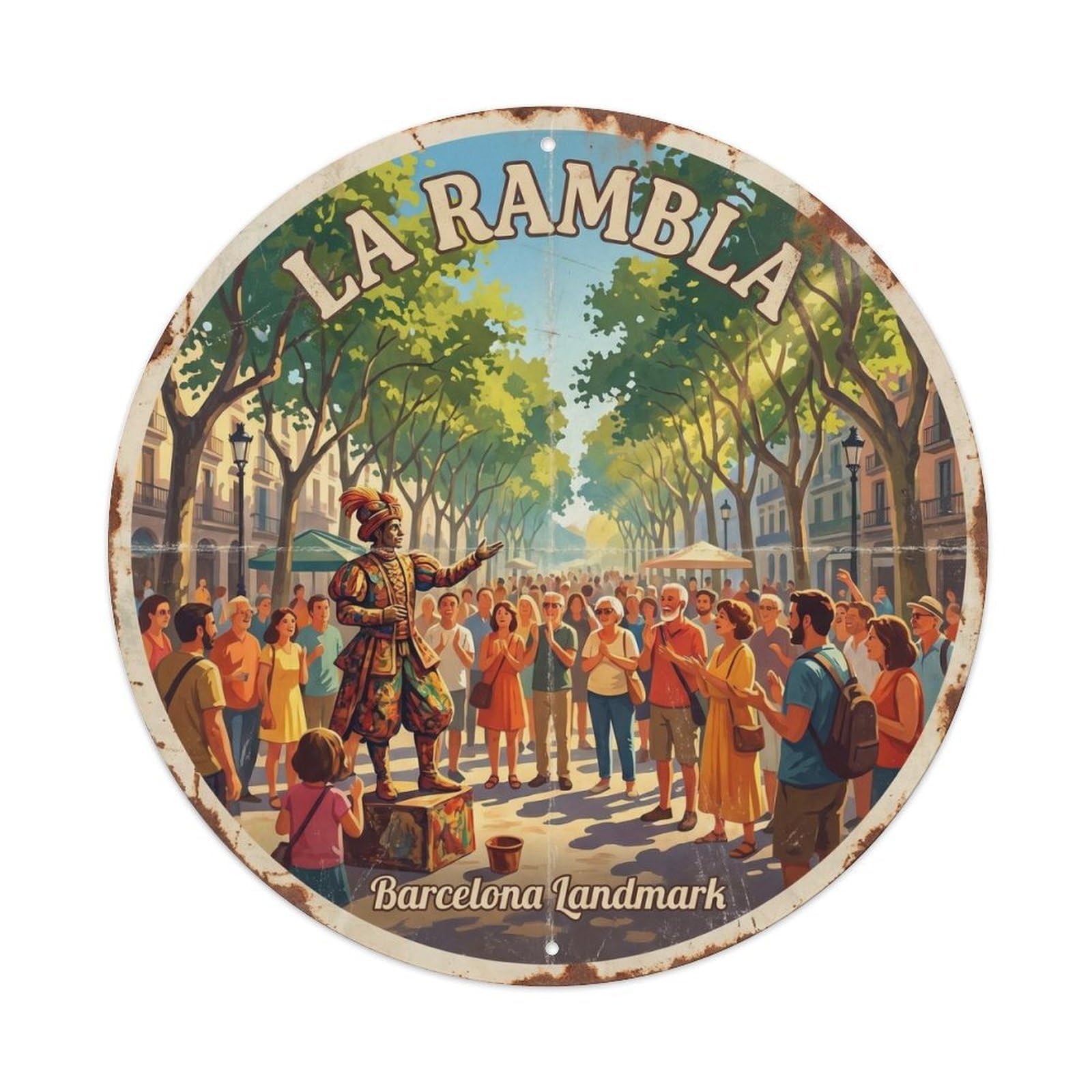 La Rambla Barcelona Landmark Vintage Spain Street Travel Metal Tin Sign Plaque Wall Decor for Cafe, Man Cave, Club Bar, Office, Home Garden Round Metal Poster 8x8Inch