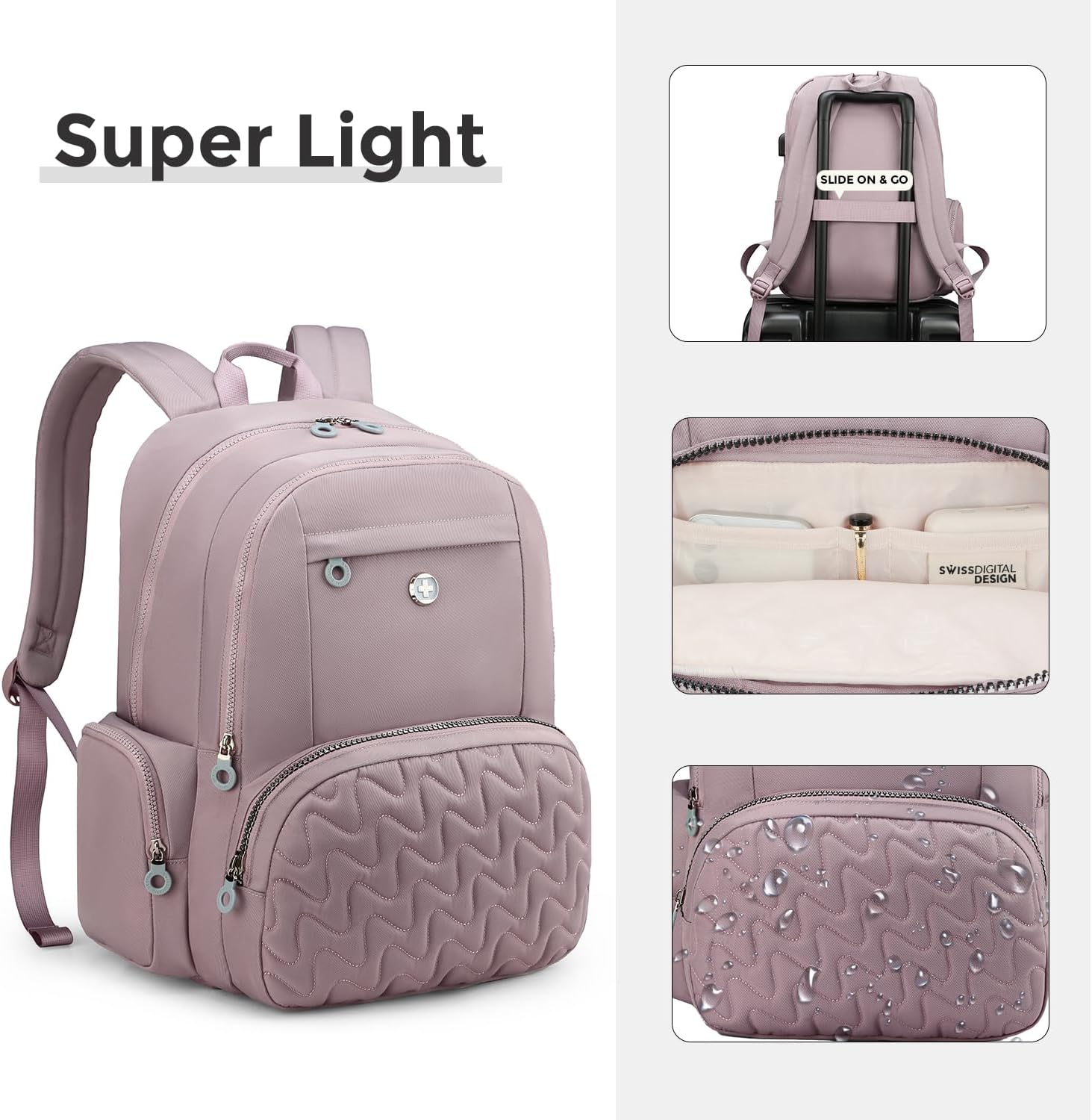 Swissdigital Design Backpack for Women, 15.6 inch Laptop College Pink Medium Simple Modern Backpacks for School with USB Charging Port for Womens Girls | SD1711-82 - Image 5