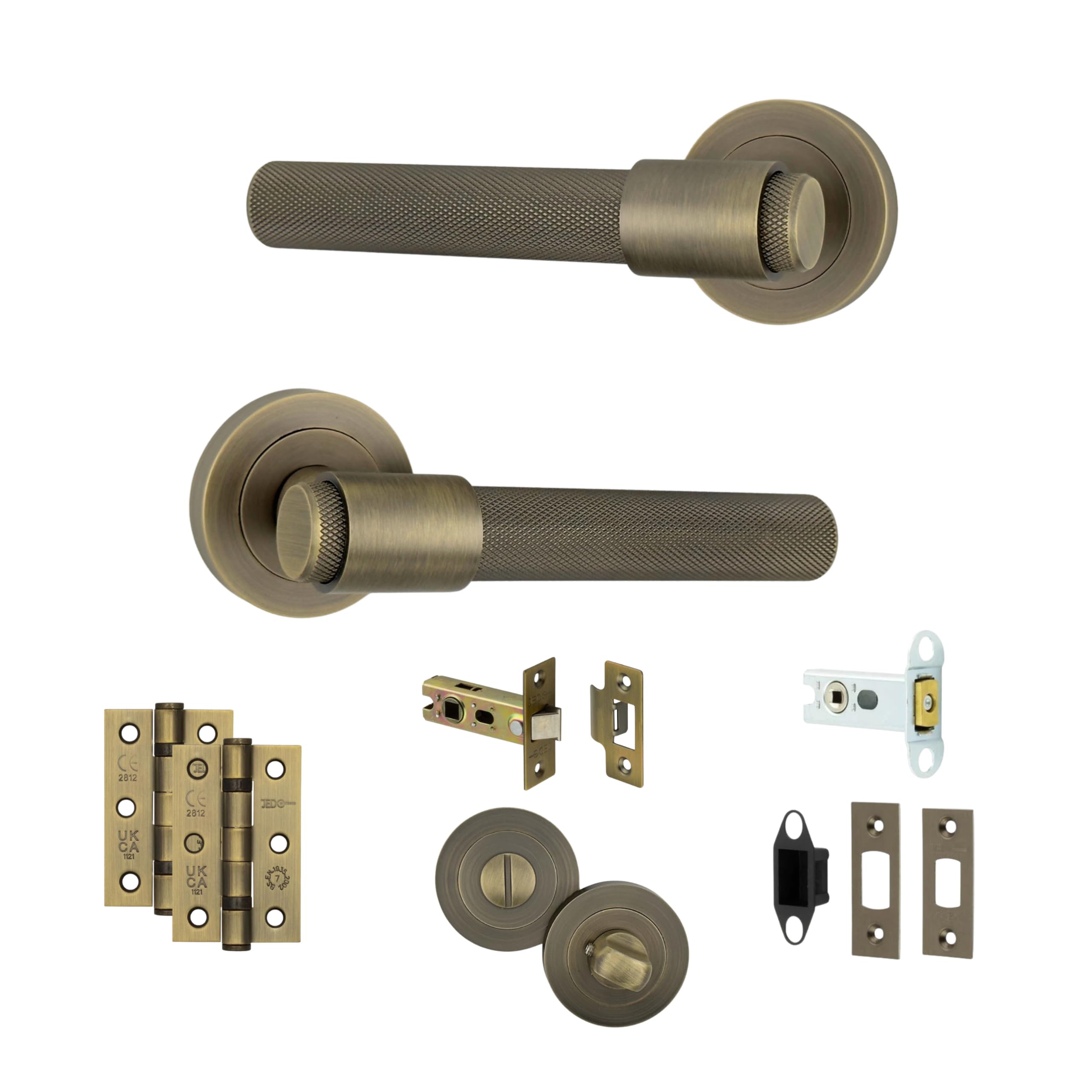 AXS Dakota Internal Door Handles on Rose – Lever Handle Pair for Wooden Doors – Modern Concealed Fix – Fits Standard UK Tubular Latch (Antique Brass, Bathroom Door Pack)