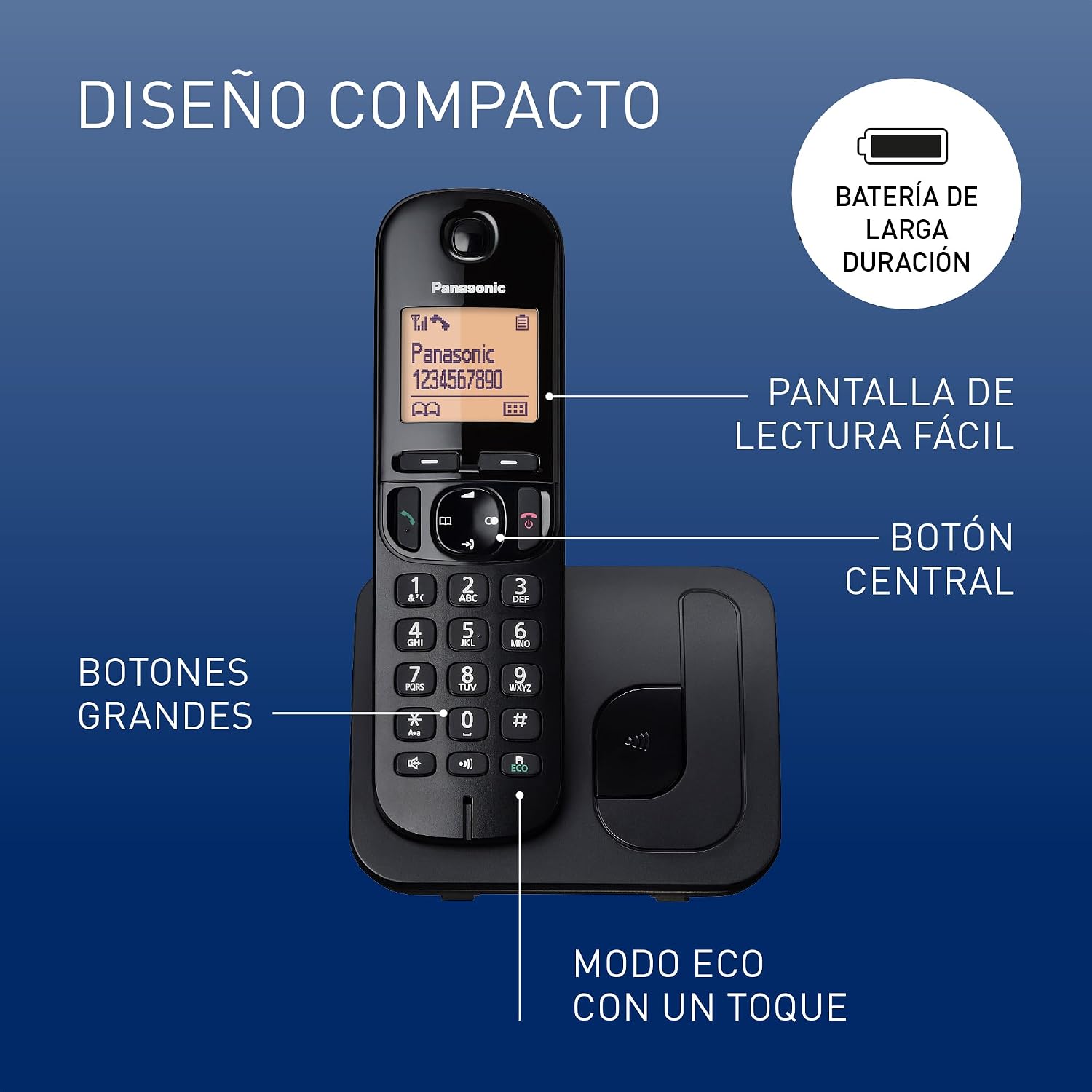 Panasonic KX-TGC210 Teléfono fijo inalámbrico, LCD, Identificador de llamadas, Agenda de 50 números, Tecla de navegación, Modo ECO, Reducción de ruido, Negro 3