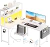 AODK Gaming Desk with Outlet, Computer Desk with Bag, L-Shaped Desk, 43.3 inches 110 cm Wide, Includes Rack, PC Desk, Work Storage, Office, Work at Home, Easy Assembly, White