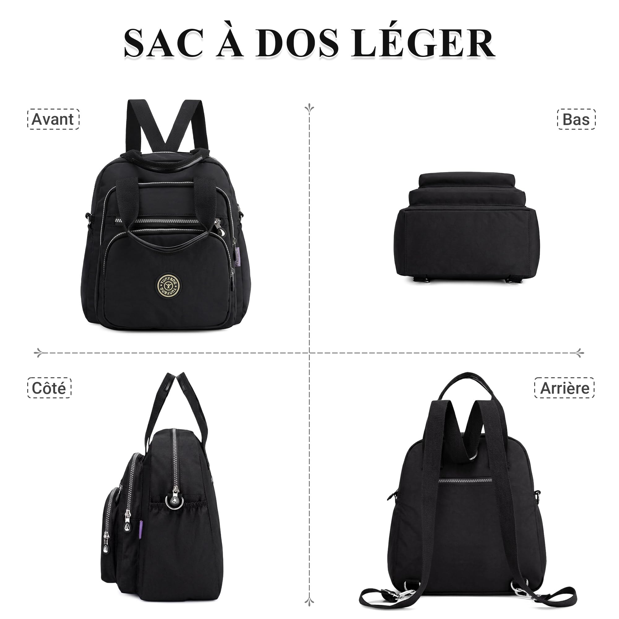 DIRRONA Sac à Bandoulière Sac à Dos Femme Mode Sac Femme Léger Voyager Sac Bandoulière Imperméable Multi Poches Nylon Sac à Main Femmes Du Quotidien Décontracté Sac Noir