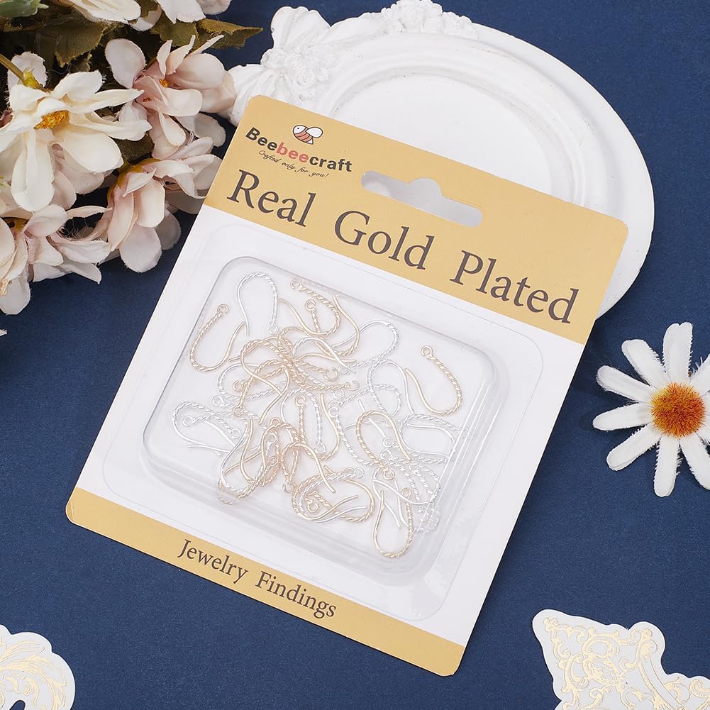 Beebeecraft 40Pcs 2 Colors French Earring Hooks 18K Gold & 925 Sterling Silver Plated Brass Twist Rope Shaped Fish Hook Earring Findings Ear Wires for Dangle Jewelry Making Supplies
