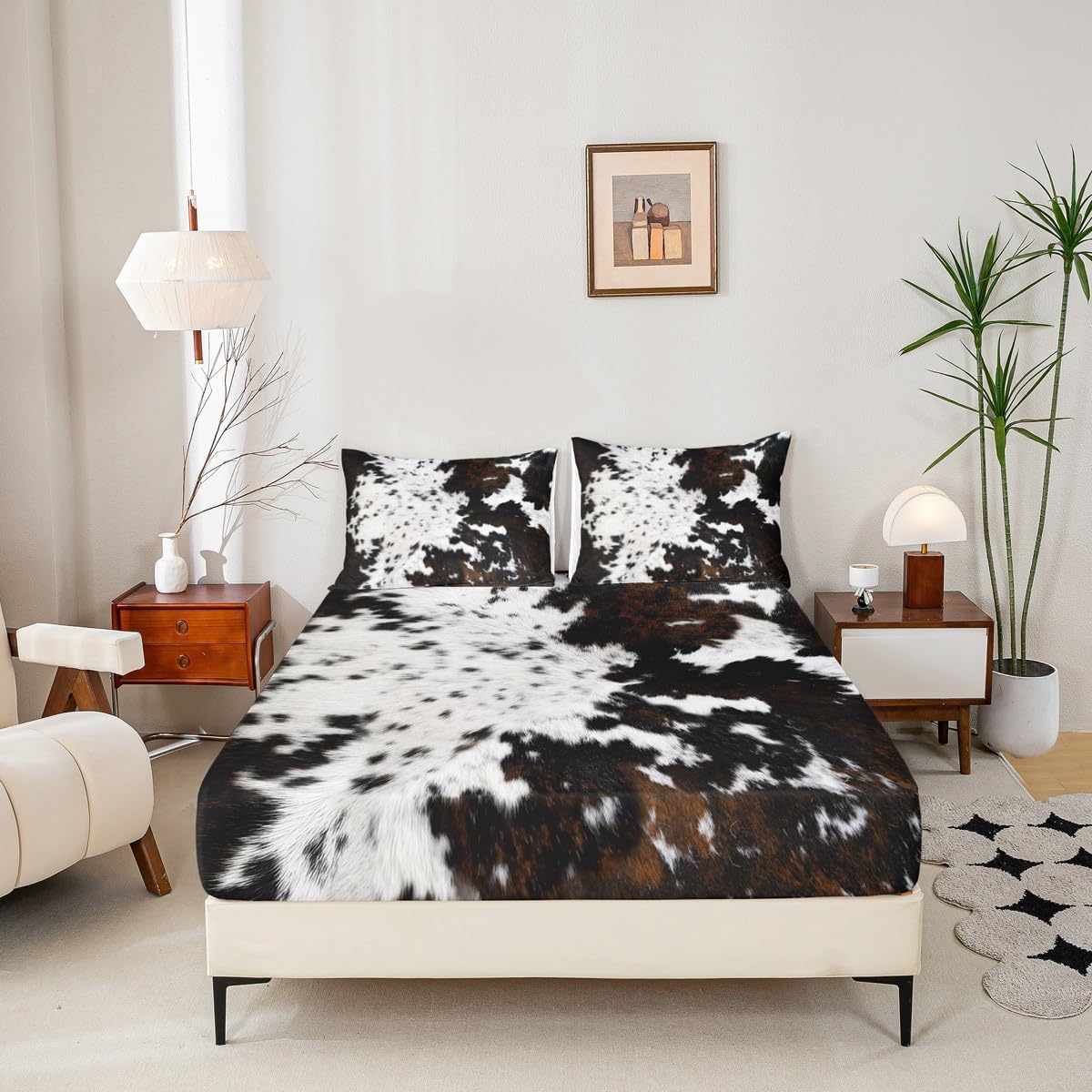 Cow Fur Print Sheet Queen,Cow Skin Texture Bedding Set for Kids Teens Boys Girls,Farm Animal Rustic Black and White Brown Bed Sheet Set 4pcs with Deep Pocket Fitted Sheet + Flat Sheet + 2 Pillowcases