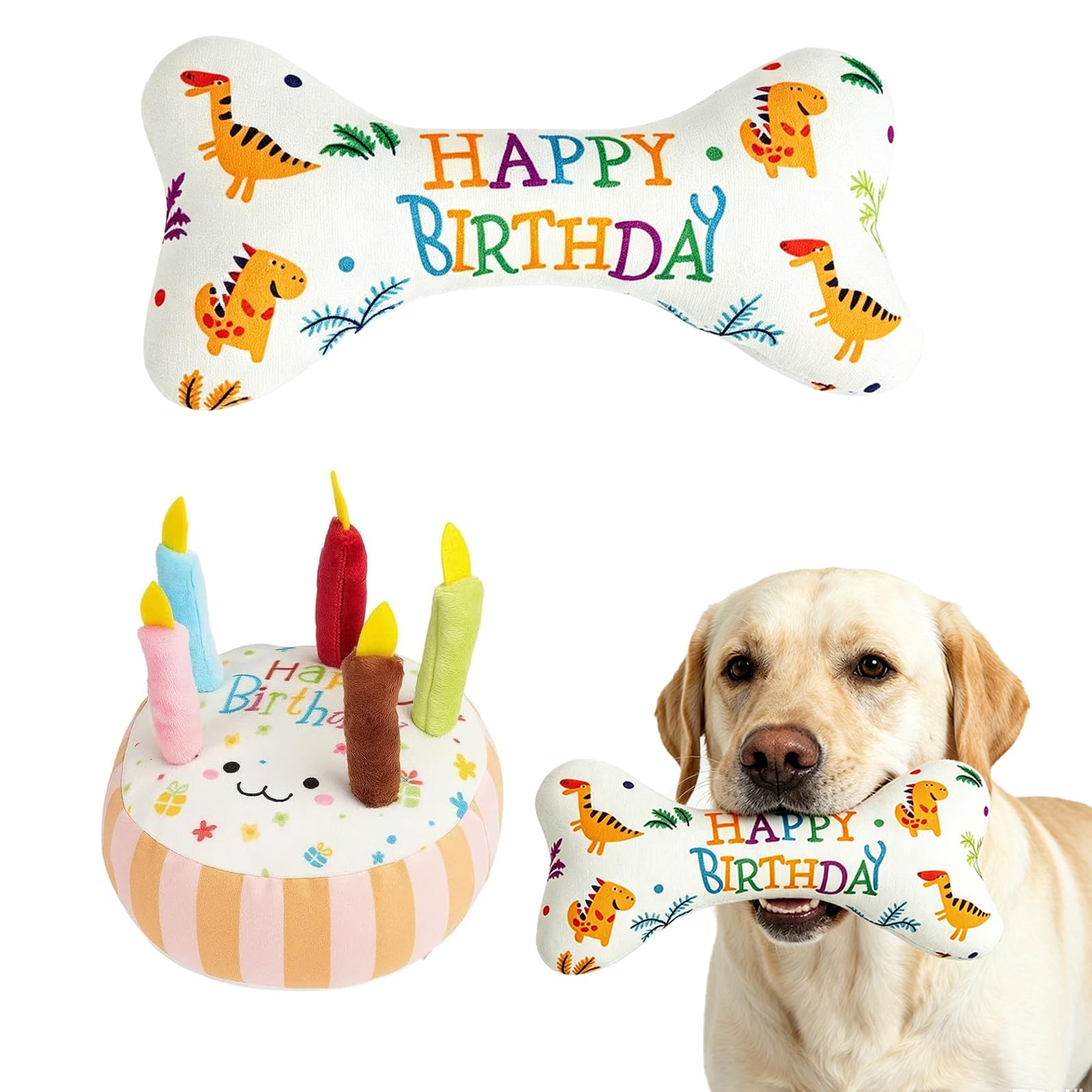 ToqoGeri Dog Birthday Toy Set, 2 Pcs Plush Toys for Dog Birthday Celebration, Orange Dog Birthday Cake and Bone Design, Dog Birthday Present， Interactive Pet Toys for Small to Medium Dogs