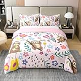 Erosebridal Cute Sloth 100% Cotton Duvet Cover for Kids Girls,Cartoon Animal Bedding Twin Size,Kawaii Sloth Comforter Cover,Botanical Floral Leaves Tulip Garden Bed Sets with 1 Pillowcase,Reversible