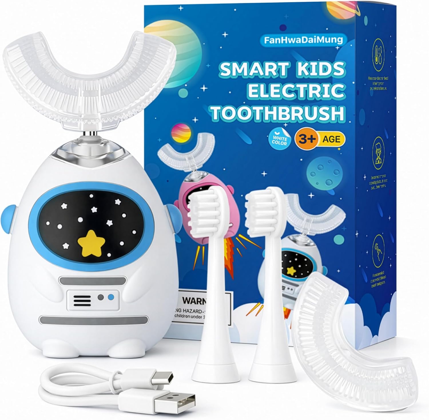 Kids U-Shaped Electric Toothbrush, Voice Guidance & Music Guided Brushing, 4 Brush Heads, 3 Modes, 360° Gentle Silicone, Type-C Charging, for Ages 3-12 (Heroic White)