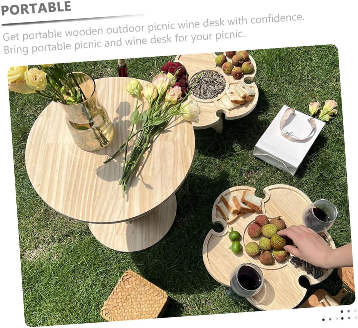 Portable Foldable Wooden Picnic Table for Outdoor Beach Camping BBQ, 35cm Diameter Wine Desk with Tray, Lightweight Patio Folding Table for Travel and Picnic