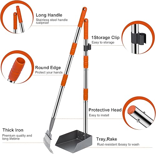 Miniatura 2 de Niubya Recogedor de excrementos para perros, bandeja de metal para recoger excrementos y rastrillo con mango largo ajustable, recogedor de