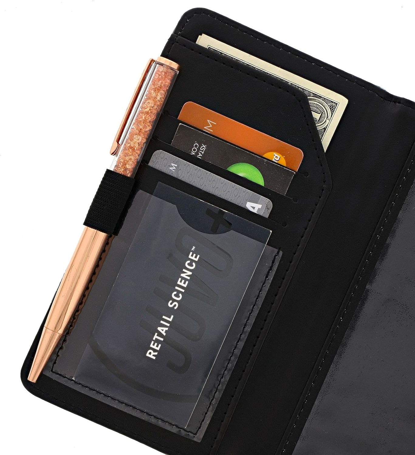 Juvale RFID Checkbook Cover, Blue Leather Slim Bifold Wallet with Foil Polka Dots (7 x 3.75 In)