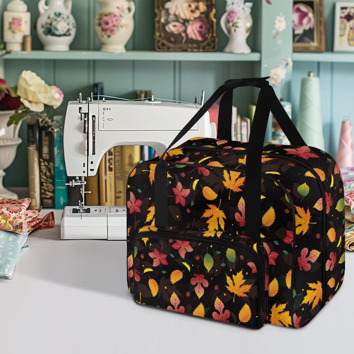 Sewing Machine Carrying Case Fall Leaves Sewing Machine Bag with Handle and Pocket to Storage Sewing Machine Accessories