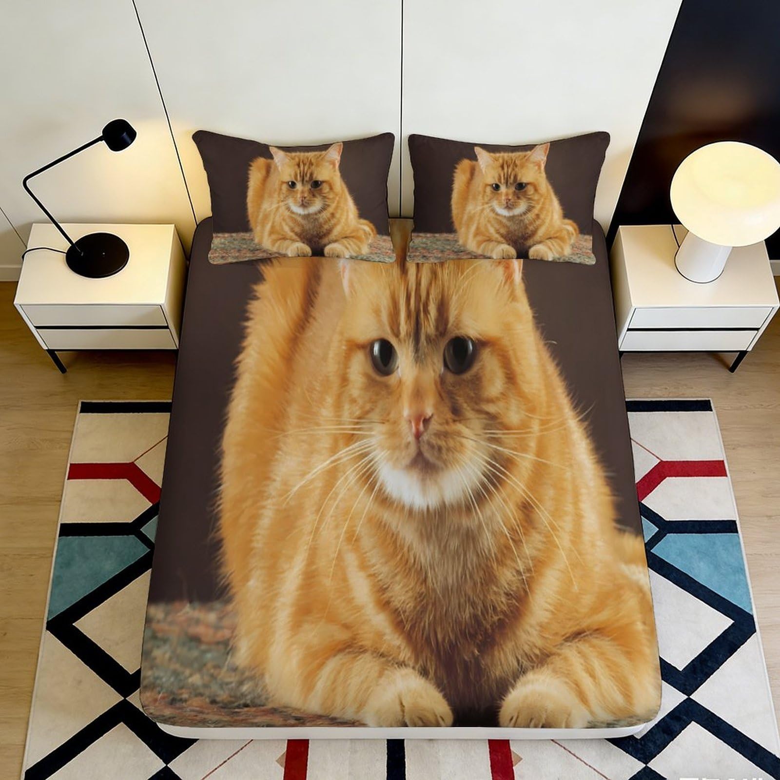 3D Printed Ginger Cat Fitted Sheet Microfiber Soft Non-slip Tabby Cat Mattress Cover for Bedroom Guest Room Decor 90x200x25cm